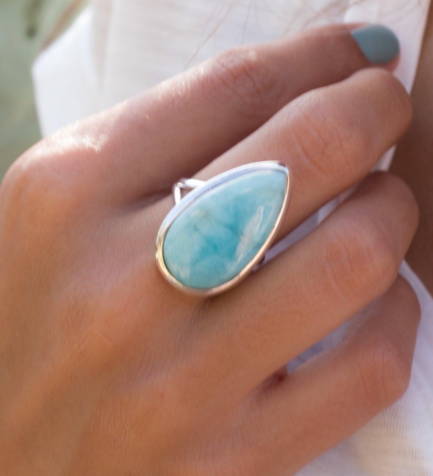 Larimar Ring Large ~  Sterling Silver 925 ~ Statement ~ Gemstone ~ Semi Precious Stone ~ Blue ~ White ~ Natural~Tear Drop~Thin Band MR275