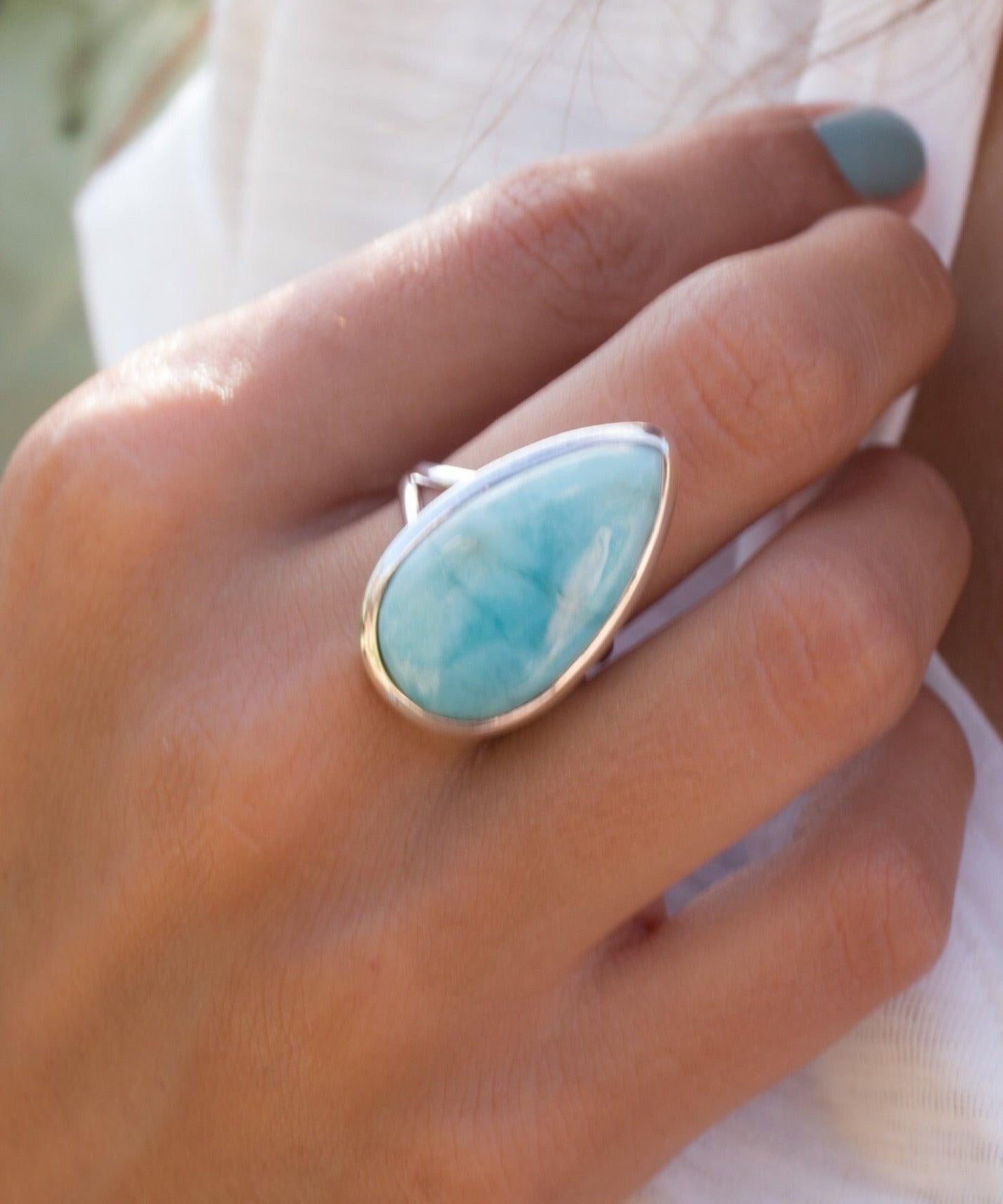 Larimar Ring Large ~  Sterling Silver 925 ~ Statement ~ Gemstone ~ Semi Precious Stone ~ Blue ~ White ~ Natural~Tear Drop~Thin Band MR275