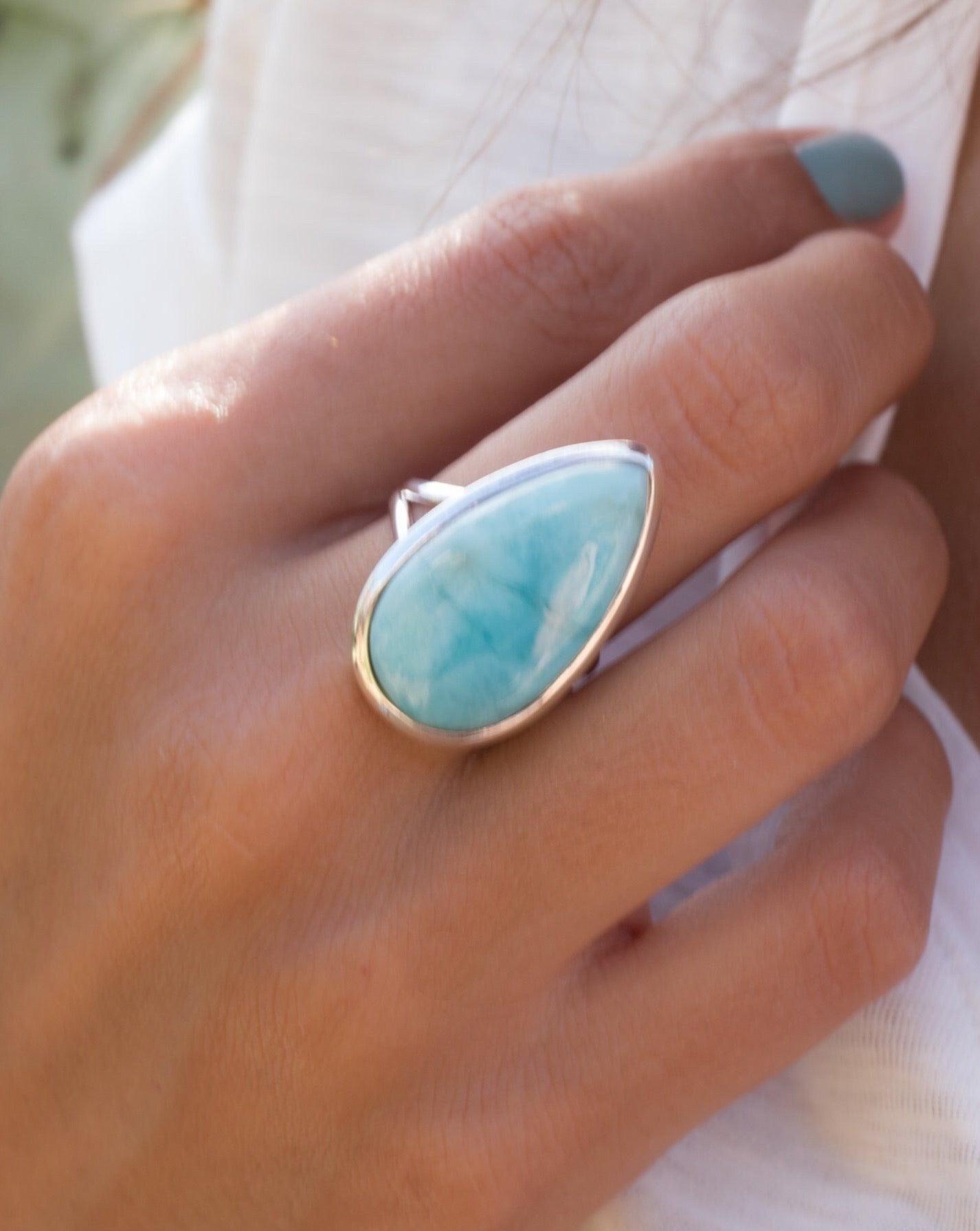 Larimar Ring Large ~  Sterling Silver 925 ~ Statement ~ Gemstone ~ Semi Precious Stone ~ Blue ~ White ~ Natural~Tear Drop~Thin Band MR275