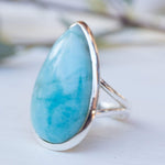 Larimar Ring Large ~  Sterling Silver 925 ~ Statement ~ Gemstone ~ Semi Precious Stone ~ Blue ~ White ~ Natural~Tear Drop~Thin Band MR275