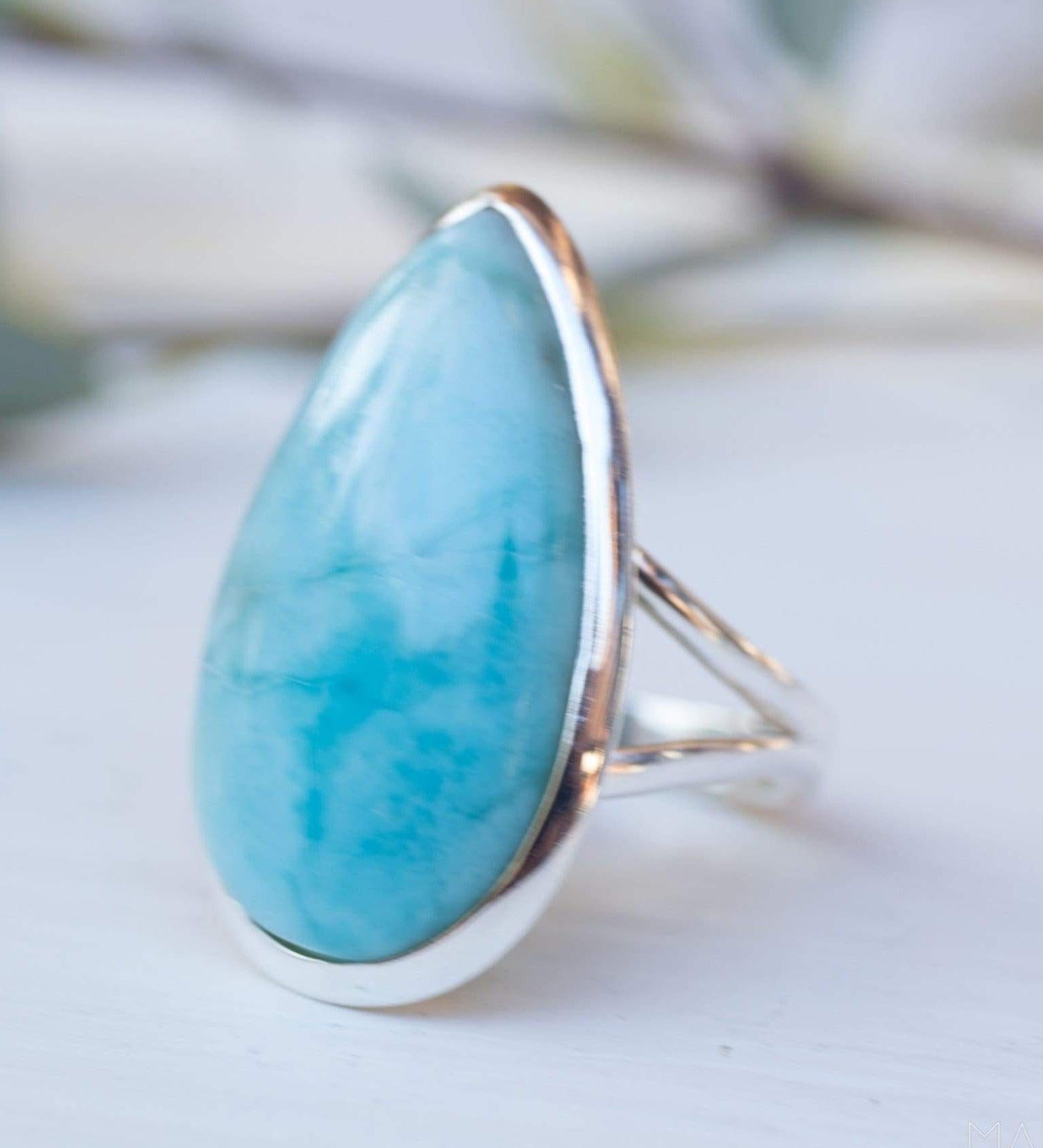 Larimar Ring Large ~  Sterling Silver 925 ~ Statement ~ Gemstone ~ Semi Precious Stone ~ Blue ~ White ~ Natural~Tear Drop~Thin Band MR275