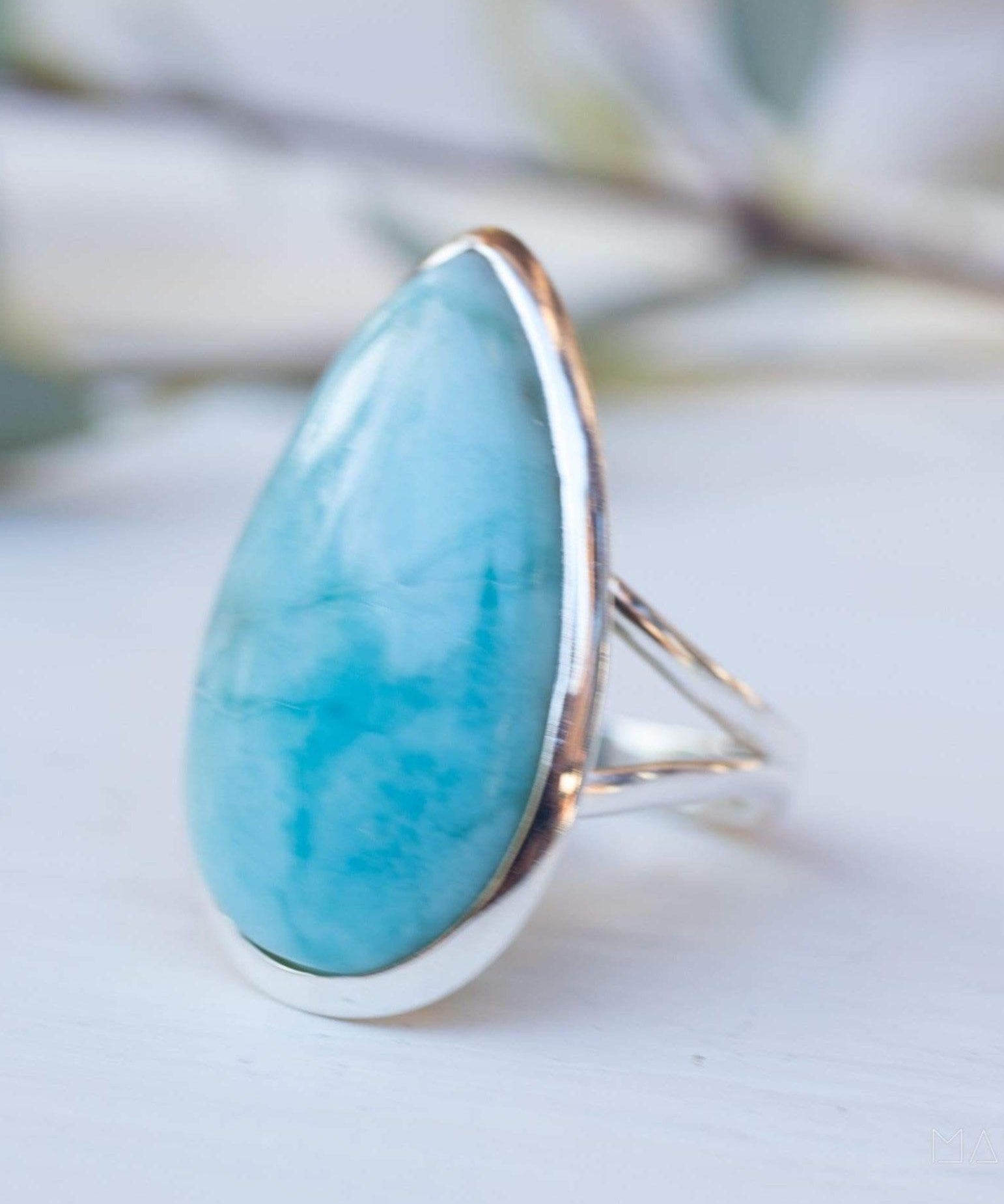 Larimar Ring Large ~  Sterling Silver 925 ~ Statement ~ Gemstone ~ Semi Precious Stone ~ Blue ~ White ~ Natural~Tear Drop~Thin Band MR275