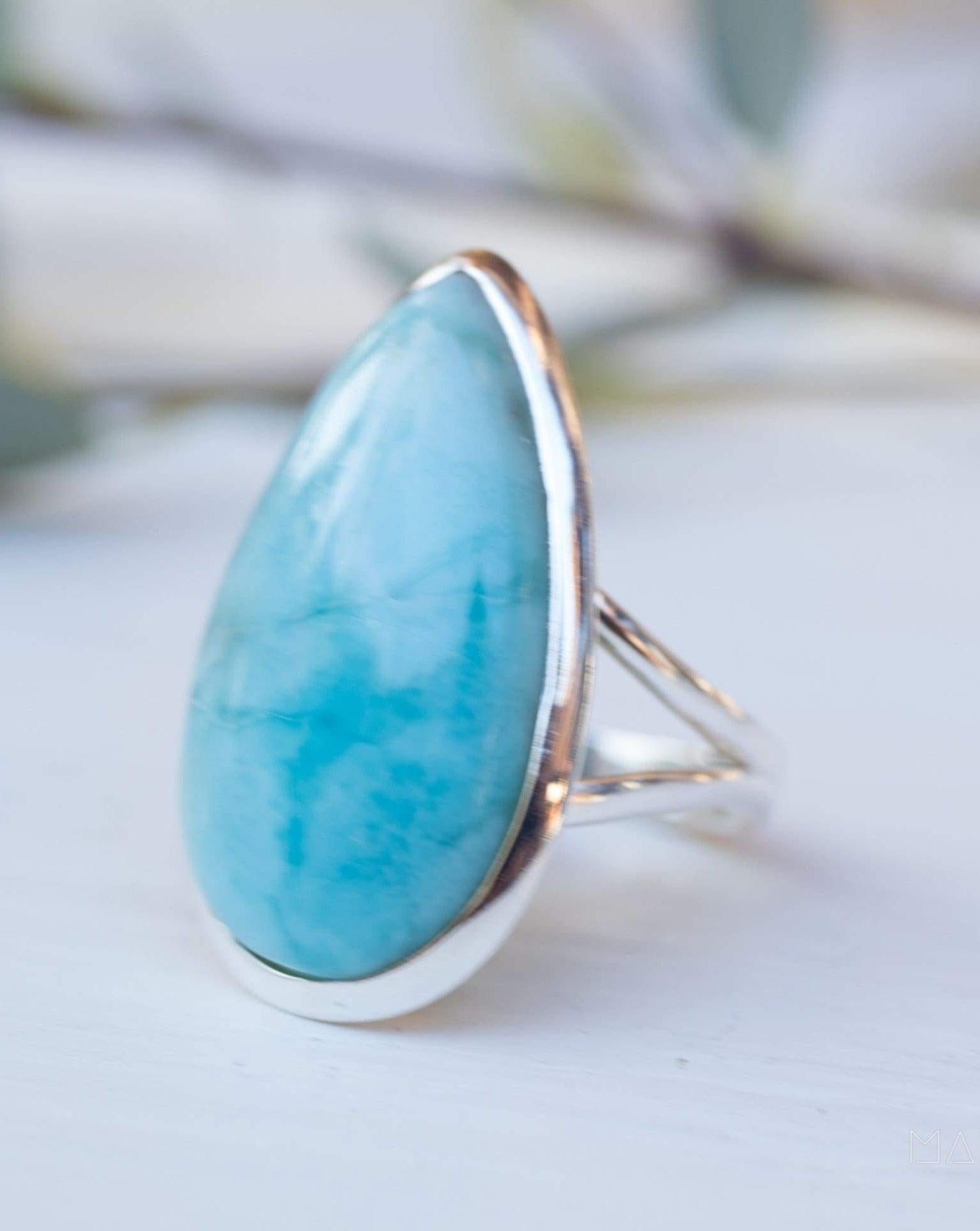 Larimar Ring Large ~  Sterling Silver 925 ~ Statement ~ Gemstone ~ Semi Precious Stone ~ Blue ~ White ~ Natural~Tear Drop~Thin Band MR275