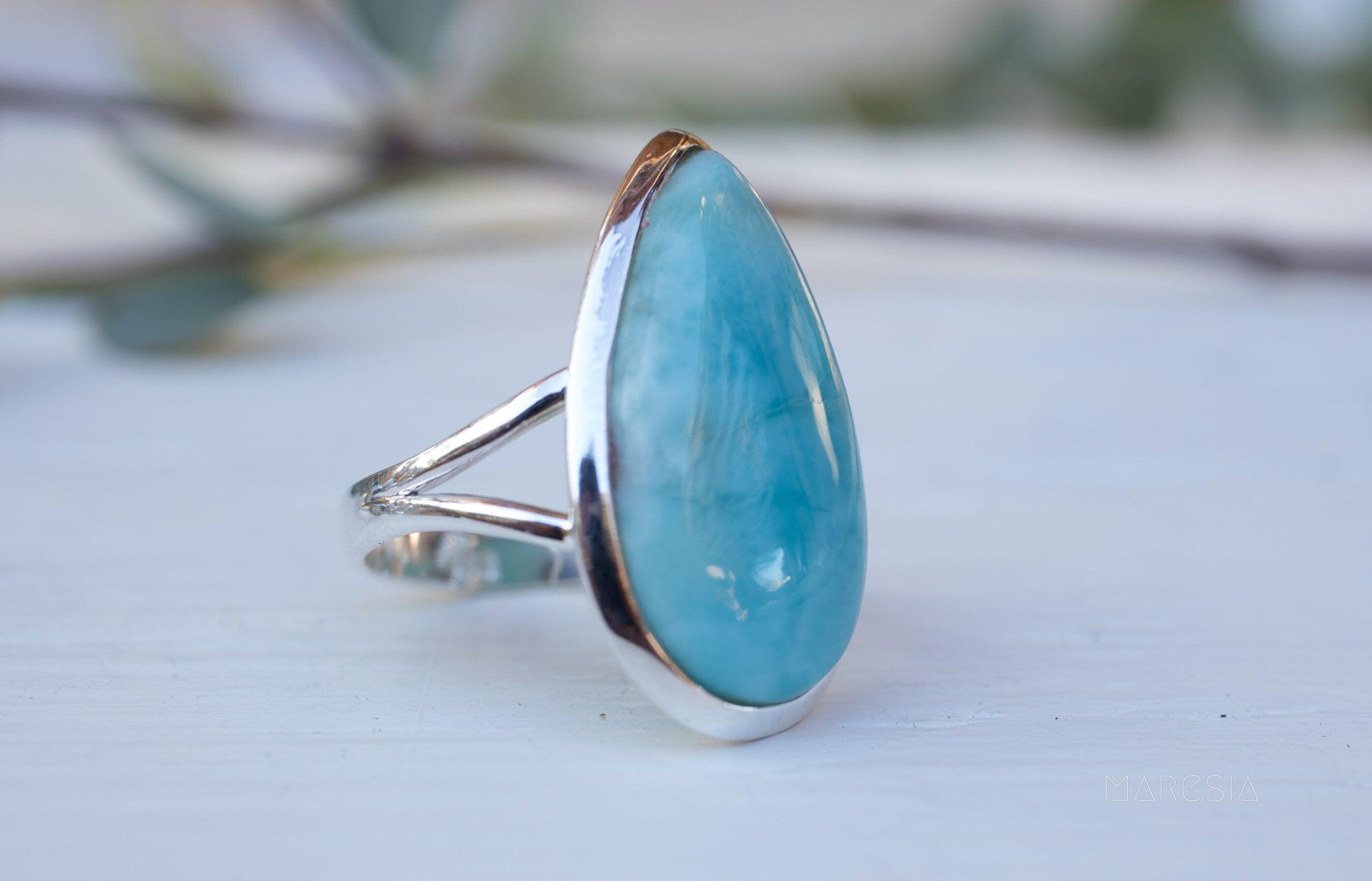 Larimar Ring Large ~  Sterling Silver 925 ~ Statement ~ Gemstone ~ Semi Precious Stone ~ Blue ~ White ~ Natural~Tear Drop~Thin Band MR275