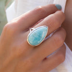 Larimar Ring Large ~  Sterling Silver 925 ~ Statement ~ Gemstone ~ Semi Precious Stone ~ Blue ~ White ~ Natural~Tear Drop~Thin Band MR275