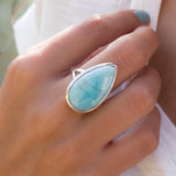 Larimar Ring Large ~  Sterling Silver 925 ~ Statement ~ Gemstone ~ Semi Precious Stone ~ Blue ~ White ~ Natural~Tear Drop~Thin Band MR275