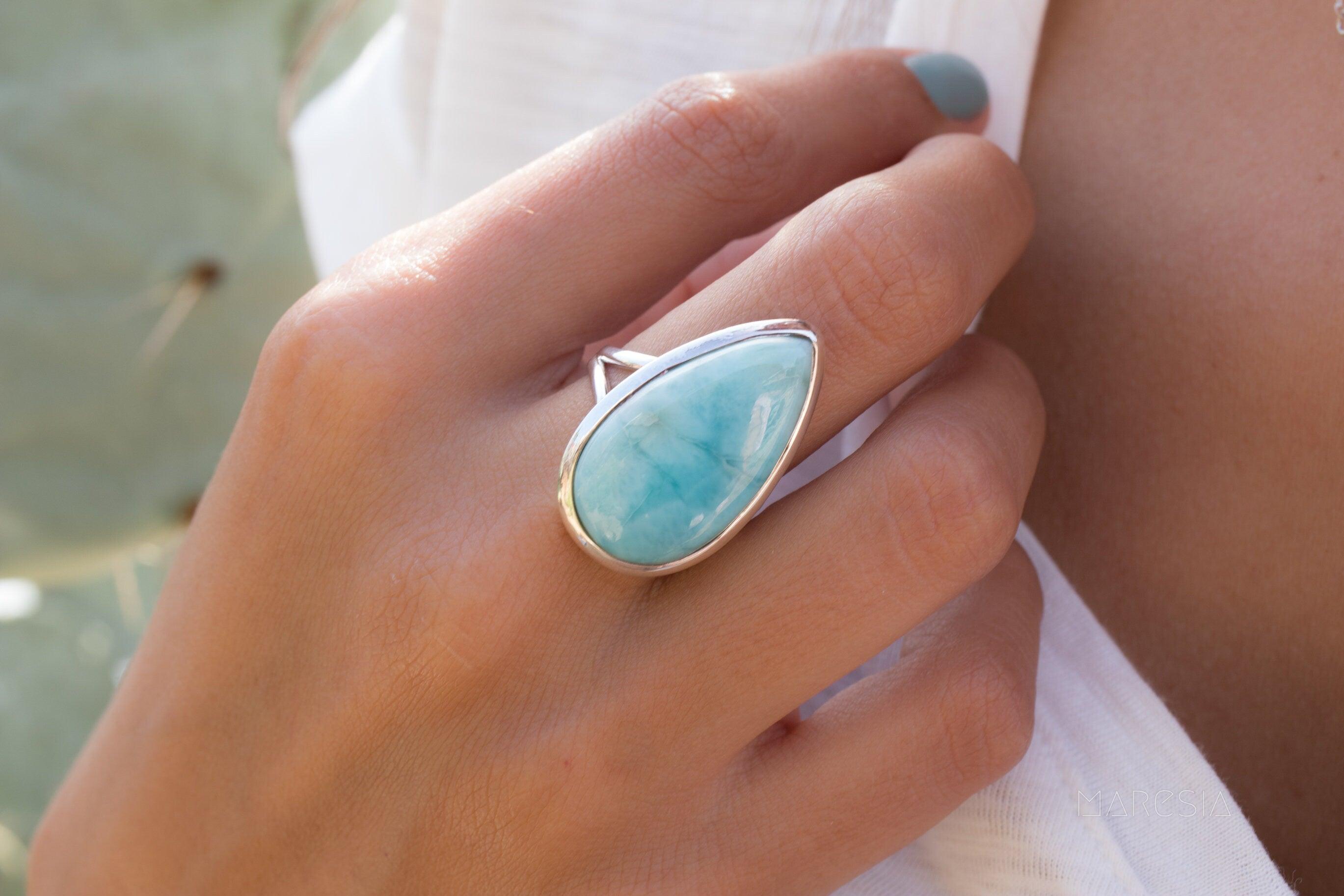 Larimar Ring Large ~  Sterling Silver 925 ~ Statement ~ Gemstone ~ Semi Precious Stone ~ Blue ~ White ~ Natural~Tear Drop~Thin Band MR275
