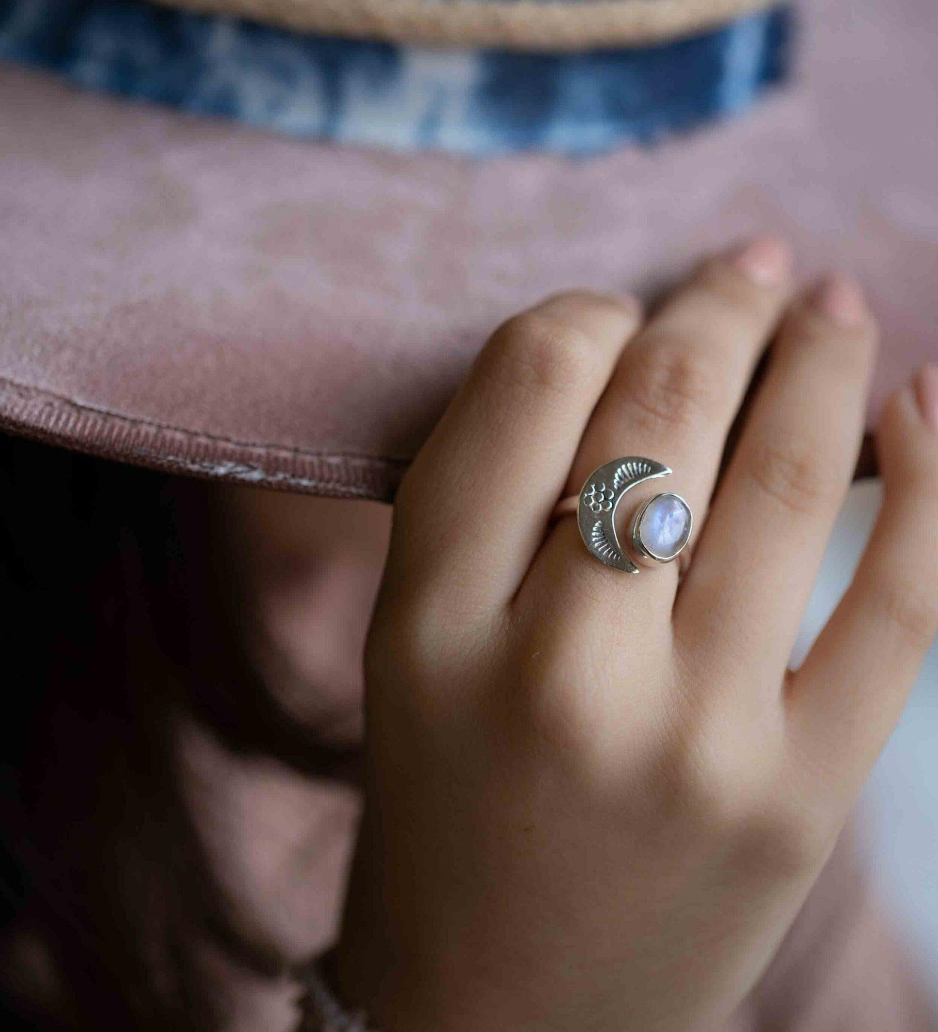 Moonstone Ring ~ Sterling Silver 925 ~Handmade ~Adjustable~ Crescent ~Half Moon ~Boho ~Hippie~ June Birthstone~ Bohemian~Gift For Her~ MR290