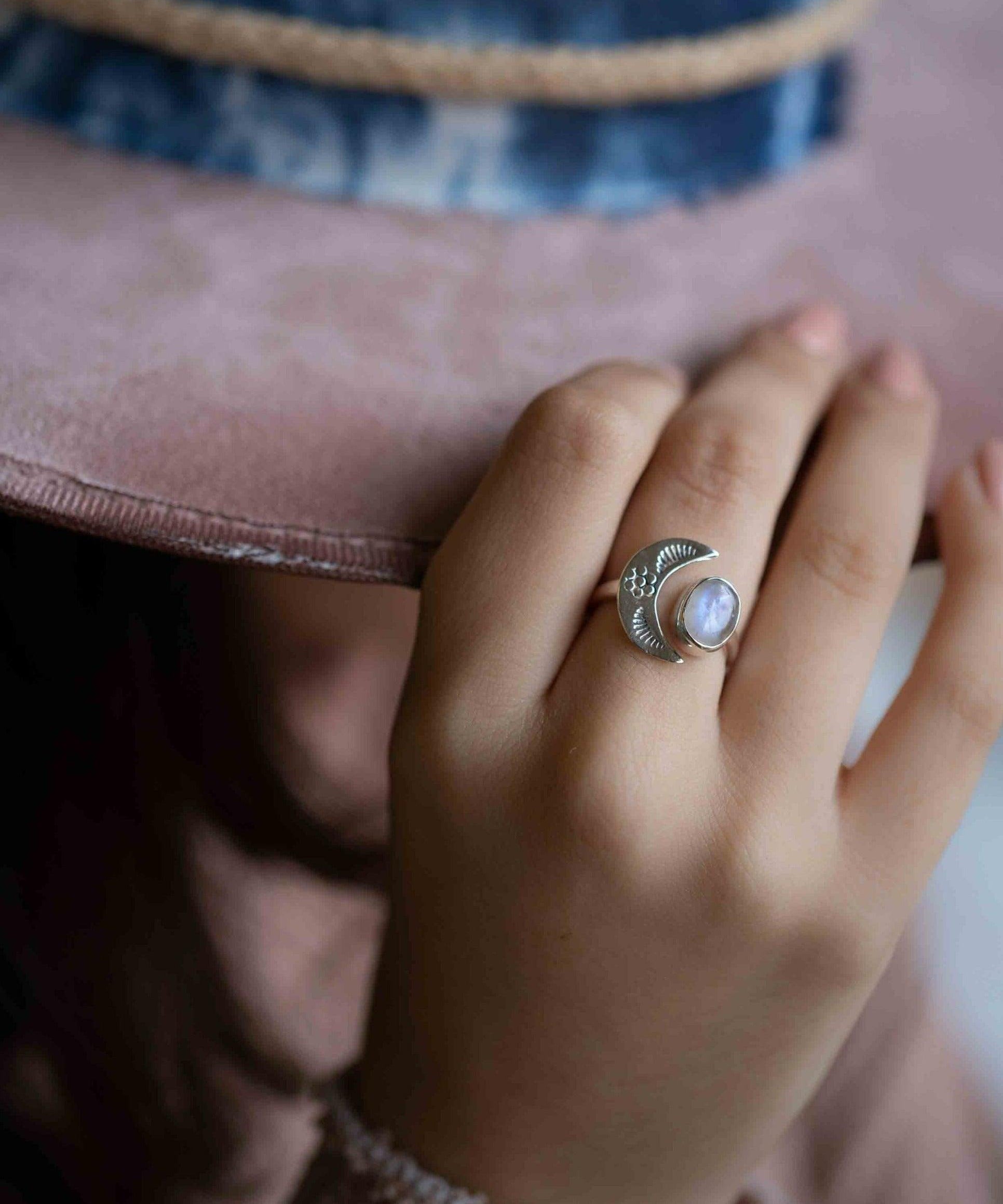 Moonstone Ring ~ Sterling Silver 925 ~Handmade ~Adjustable~ Crescent ~Half Moon ~Boho ~Hippie~ June Birthstone~ Bohemian~Gift For Her~ MR290