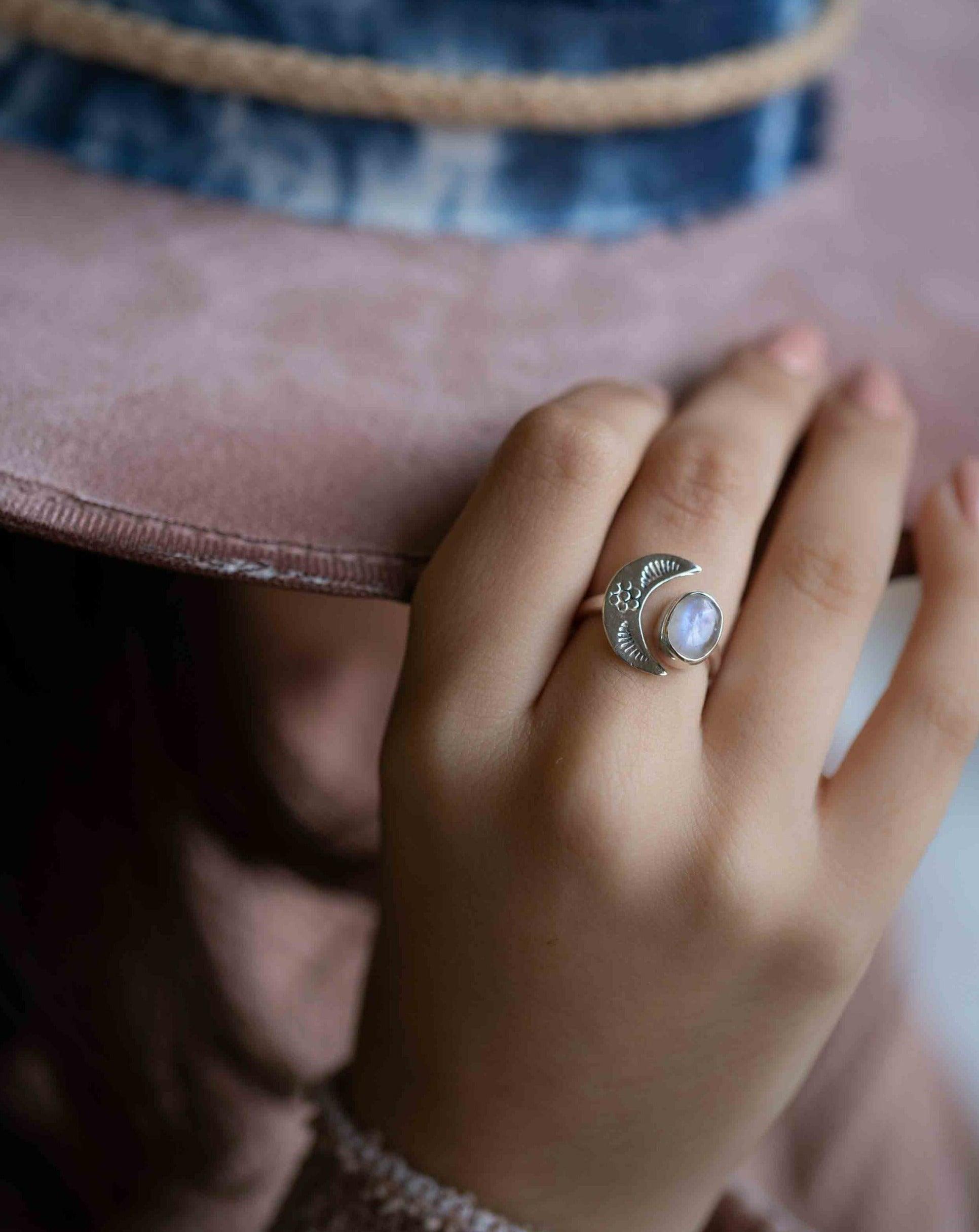 Moonstone Ring ~ Sterling Silver 925 ~Handmade ~Adjustable~ Crescent ~Half Moon ~Boho ~Hippie~ June Birthstone~ Bohemian~Gift For Her~ MR290
