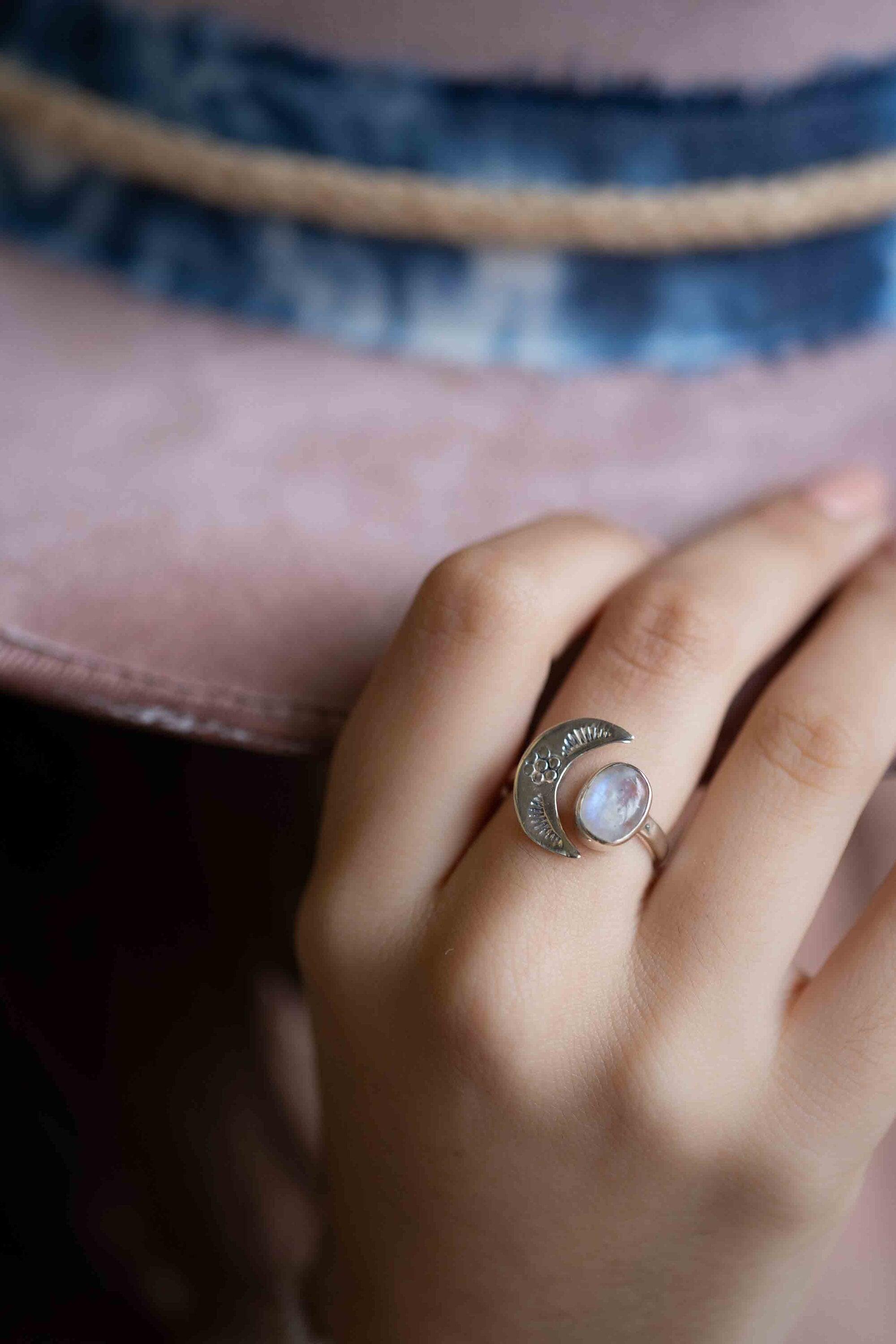 Moonstone Ring ~ Sterling Silver 925 ~Handmade ~Adjustable~ Crescent ~Half Moon ~Boho ~Hippie~ June Birthstone~ Bohemian~Gift For Her~ MR290