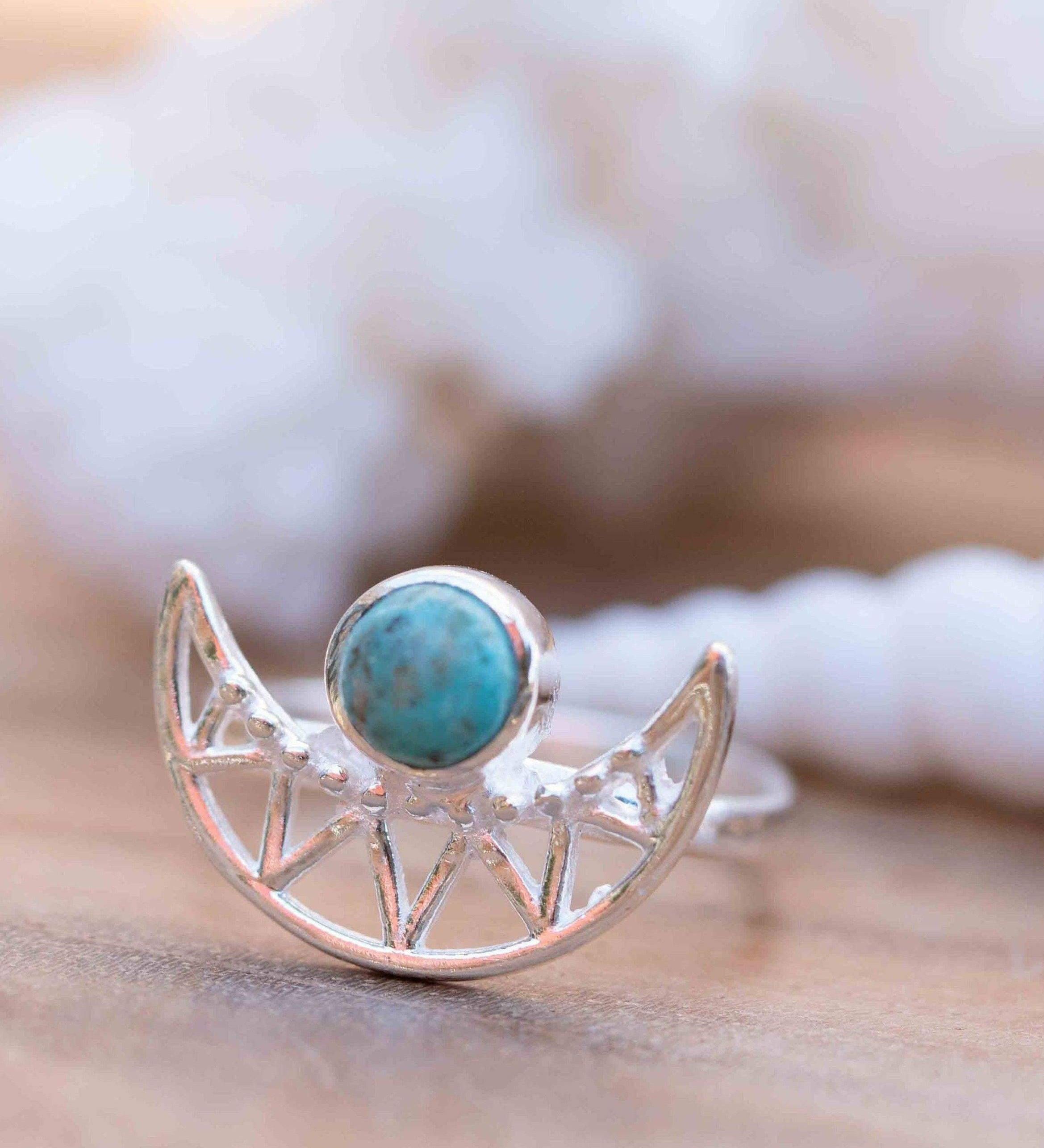 Turquoise Ring ~ Sterling Silver 925 ~ Half Moon ~ Handmade ~ Gemstone ~ Statement~ December Birthstone Boho MR129