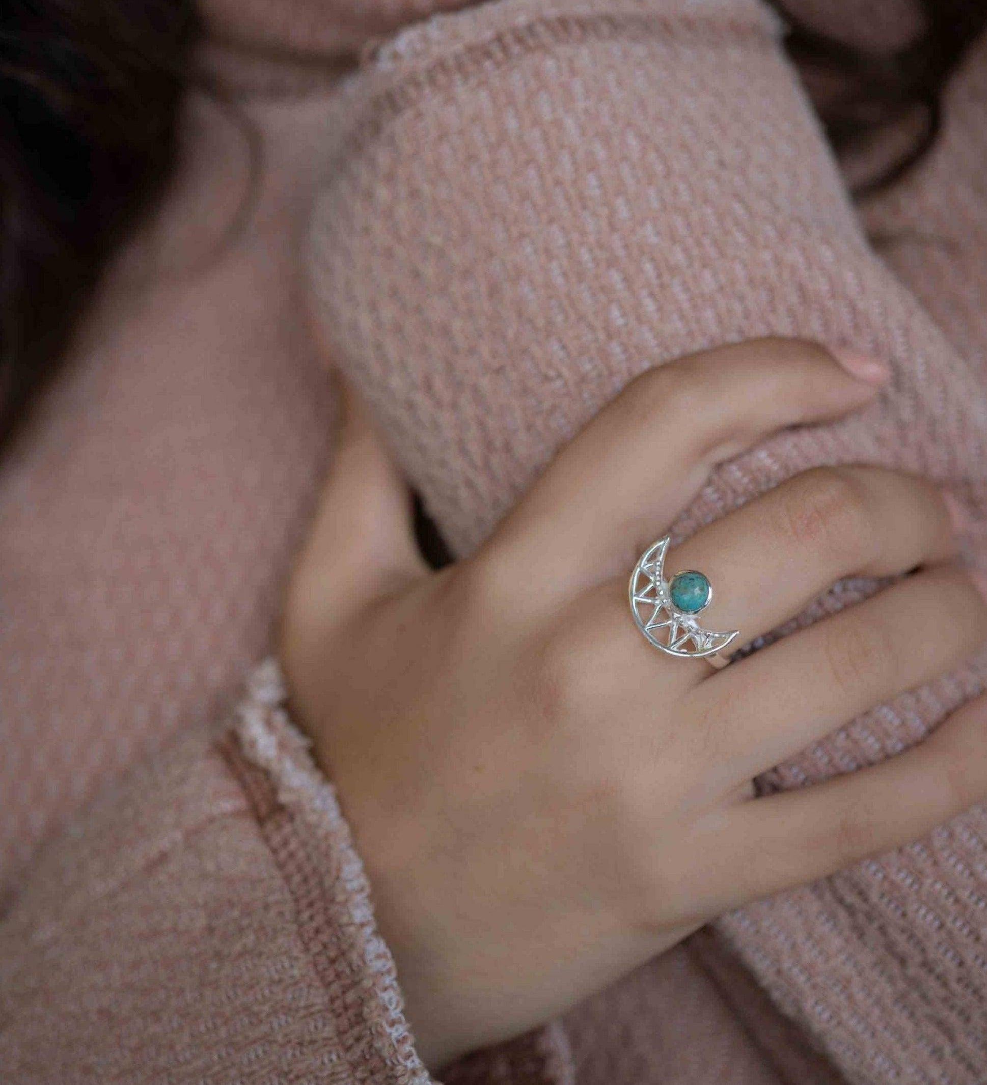 Turquoise Ring ~ Sterling Silver 925 ~ Half Moon ~ Handmade ~ Gemstone ~ Statement~ December Birthstone Boho MR129