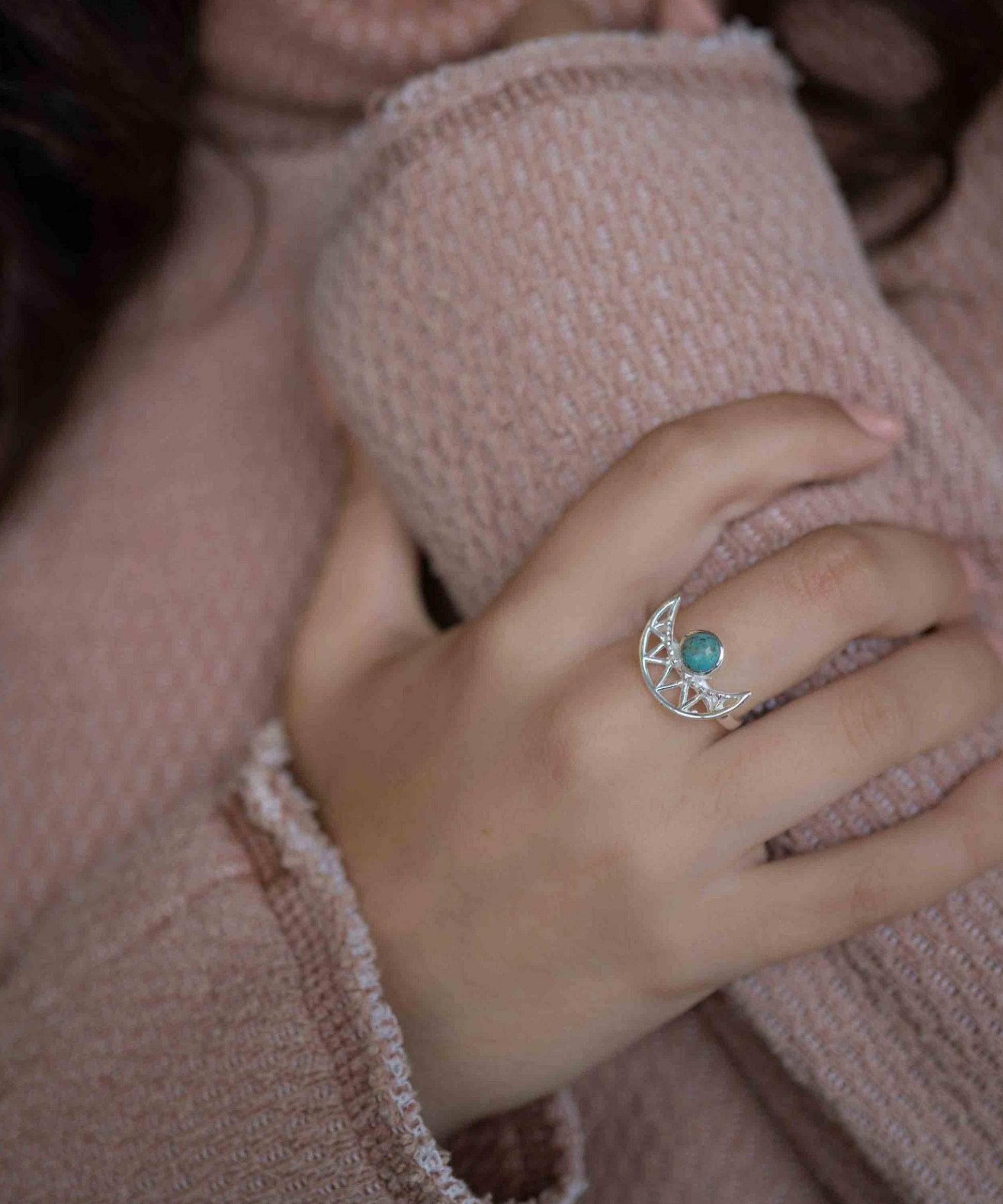 Turquoise Ring ~ Sterling Silver 925 ~ Half Moon ~ Handmade ~ Gemstone ~ Statement~ December Birthstone Boho MR129