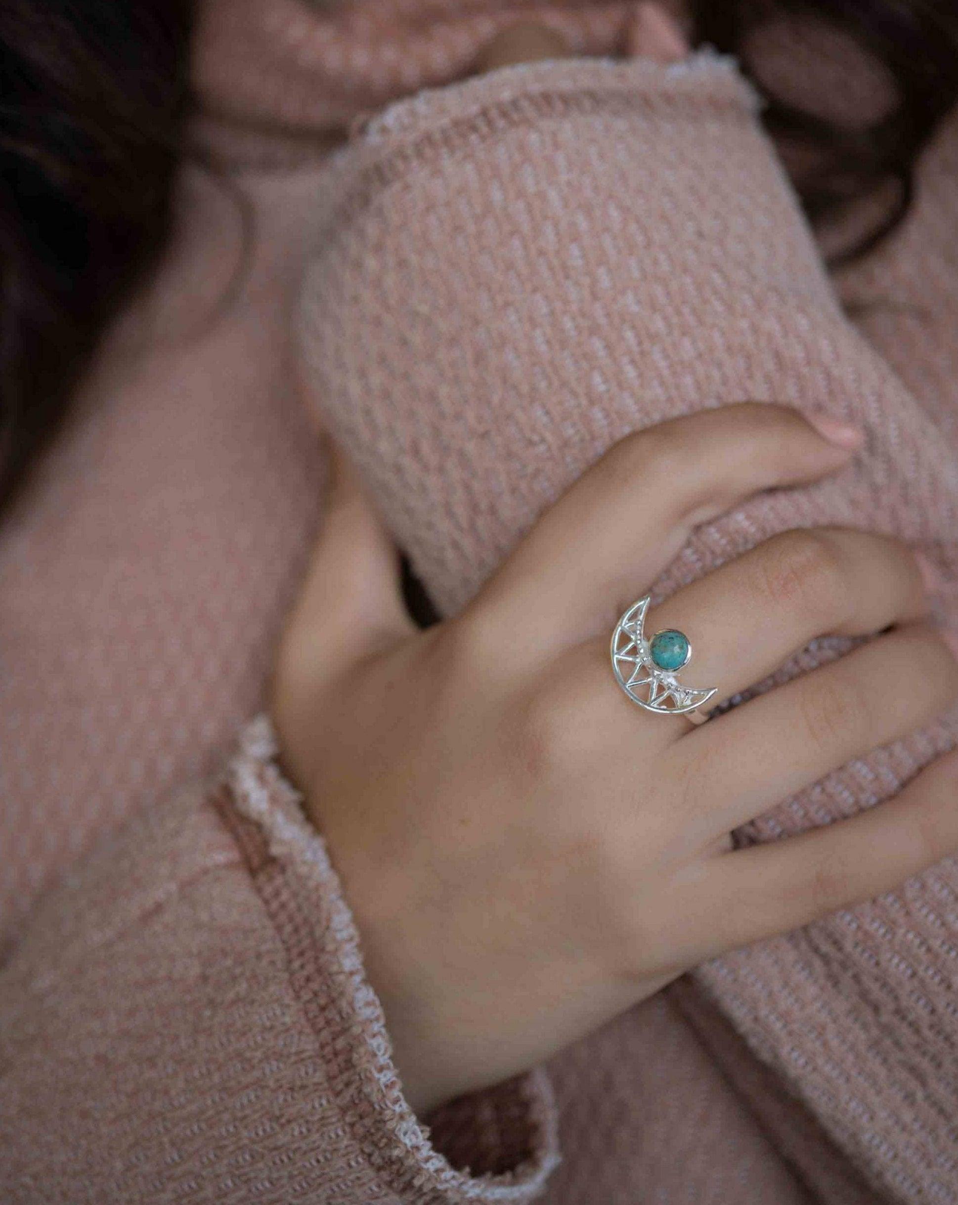 Turquoise Ring ~ Sterling Silver 925 ~ Half Moon ~ Handmade ~ Gemstone ~ Statement~ December Birthstone Boho MR129