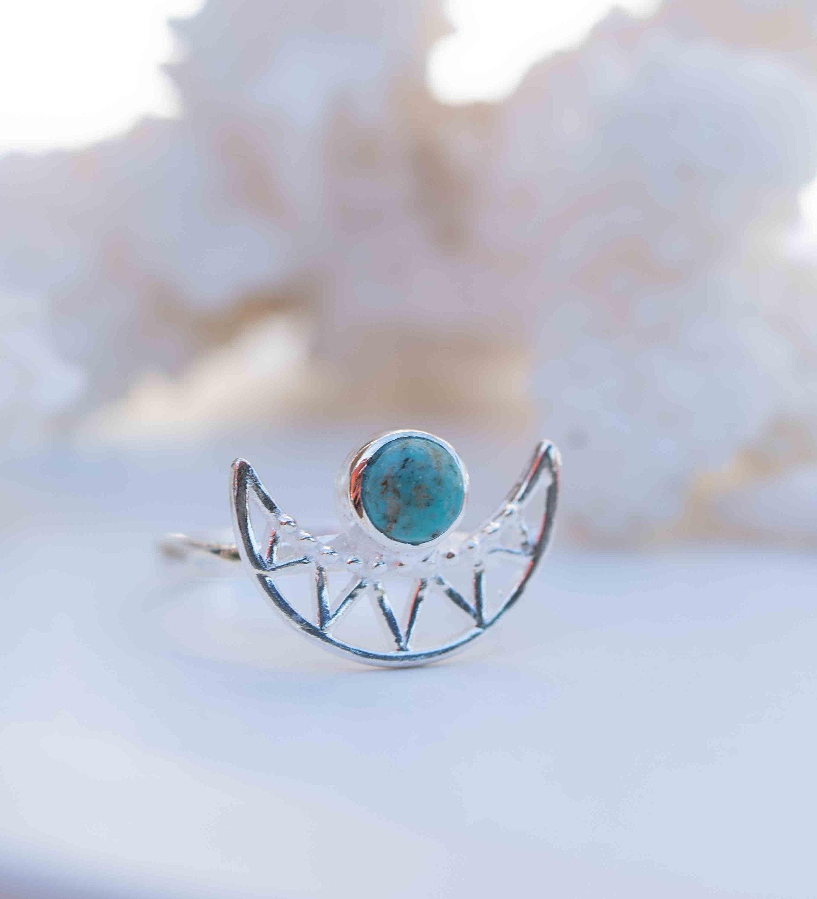 Turquoise Ring ~ Sterling Silver 925 ~ Half Moon ~ Handmade ~ Gemstone ~ Statement~ December Birthstone Boho MR129
