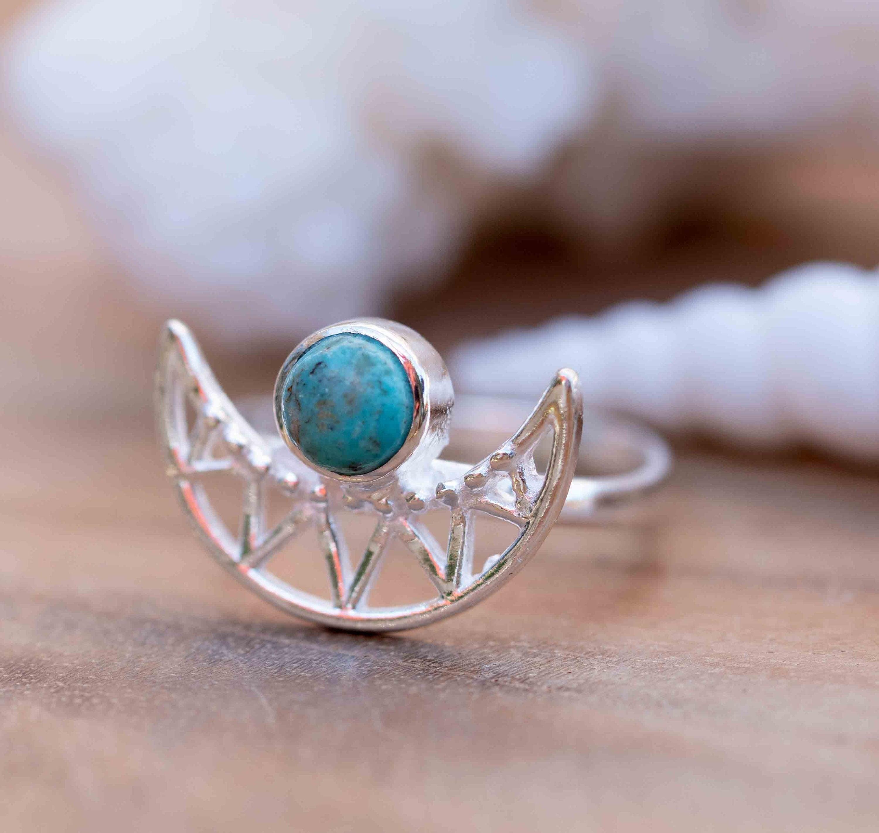 Turquoise Ring ~ Sterling Silver 925 ~ Half Moon ~ Handmade ~ Gemstone ~ Statement~ December Birthstone Boho MR129
