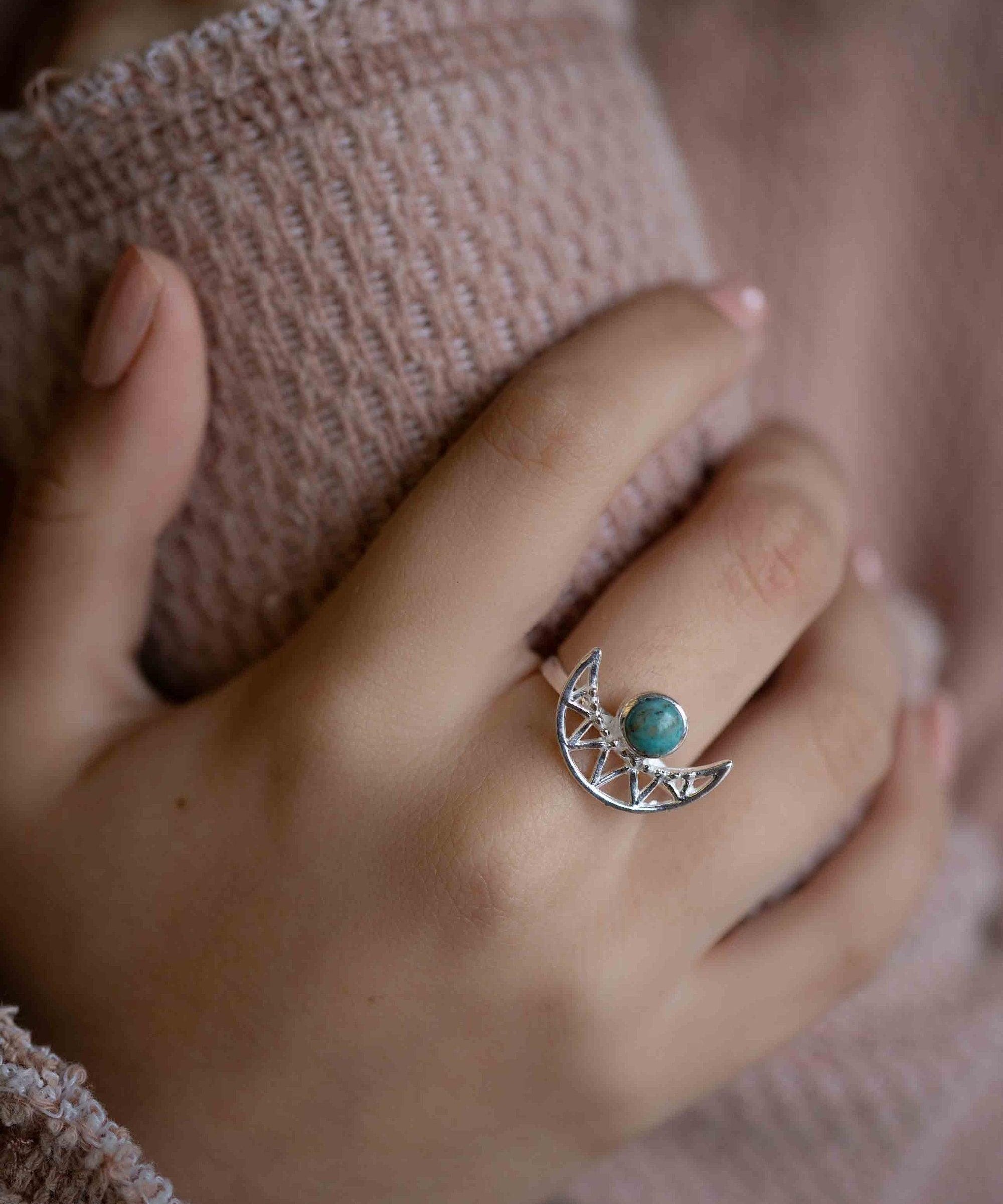 Turquoise Ring ~ Sterling Silver 925 ~ Half Moon ~ Handmade ~ Gemstone ~ Statement~ December Birthstone Boho MR129