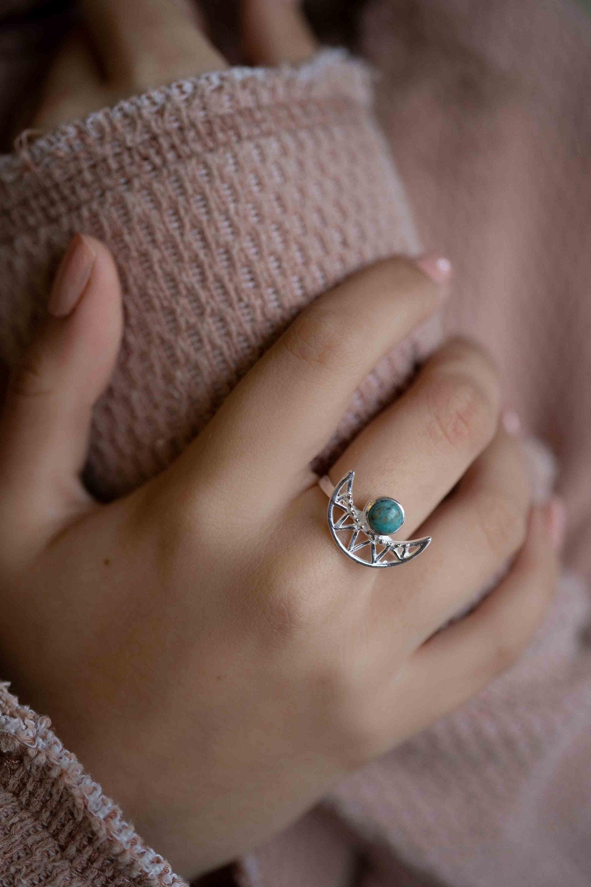 Turquoise Ring ~ Sterling Silver 925 ~ Half Moon ~ Handmade ~ Gemstone ~ Statement~ December Birthstone Boho MR129