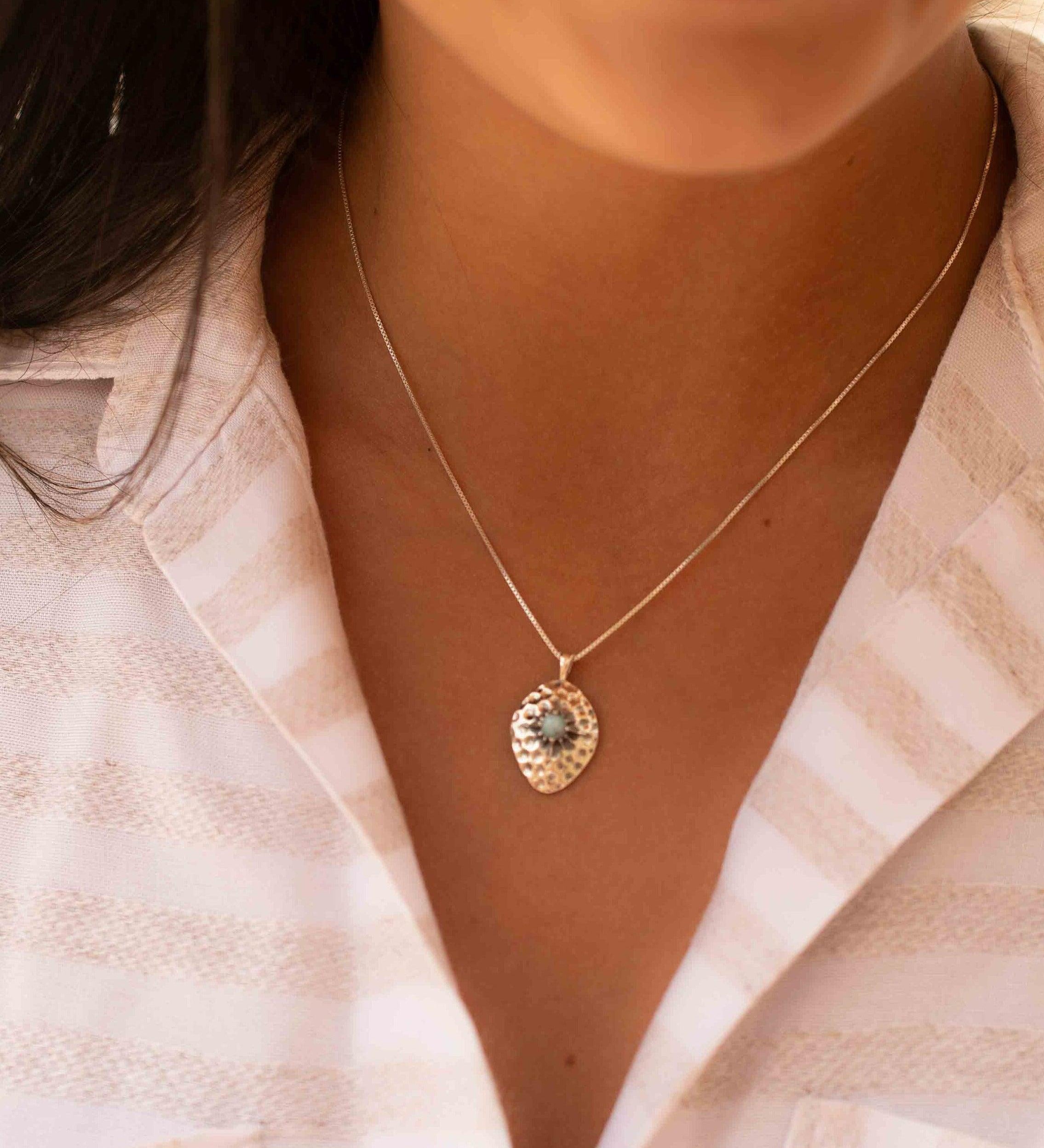 Labradorite or Larimar Pendant ~ Hammered ~ Sterling Silver 925  ~ Delicate ~ Bohemian ~  Charm ~ MN080