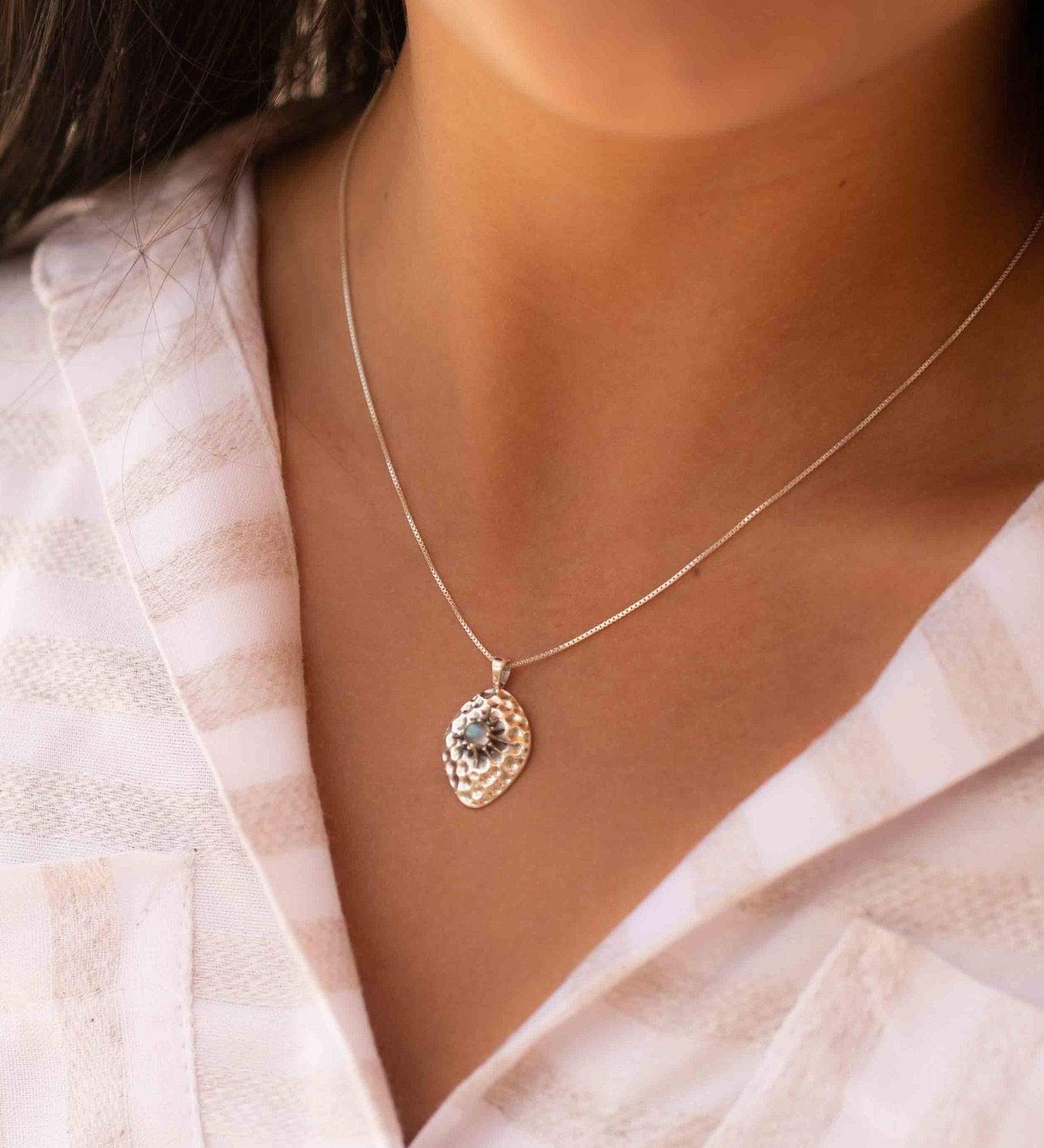 Labradorite or Larimar Pendant ~ Hammered ~ Sterling Silver 925  ~ Delicate ~ Bohemian ~  Charm ~ MN080