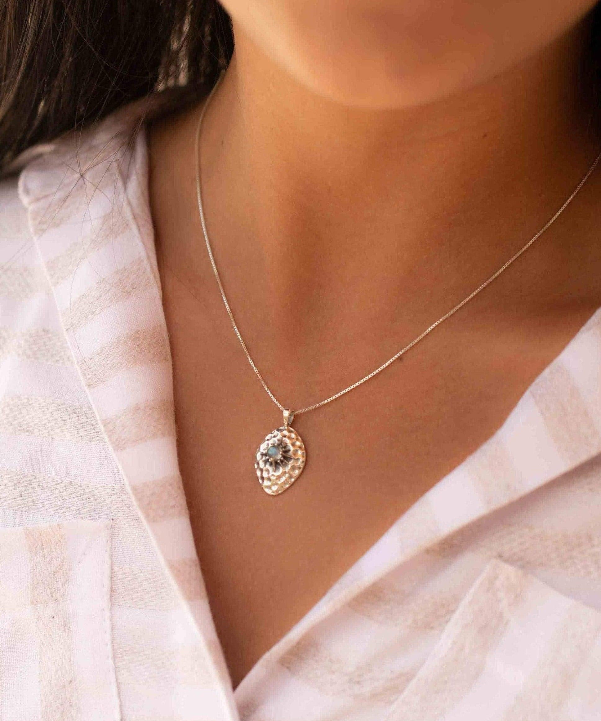 Labradorite or Larimar Pendant ~ Hammered ~ Sterling Silver 925  ~ Delicate ~ Bohemian ~  Charm ~ MN080