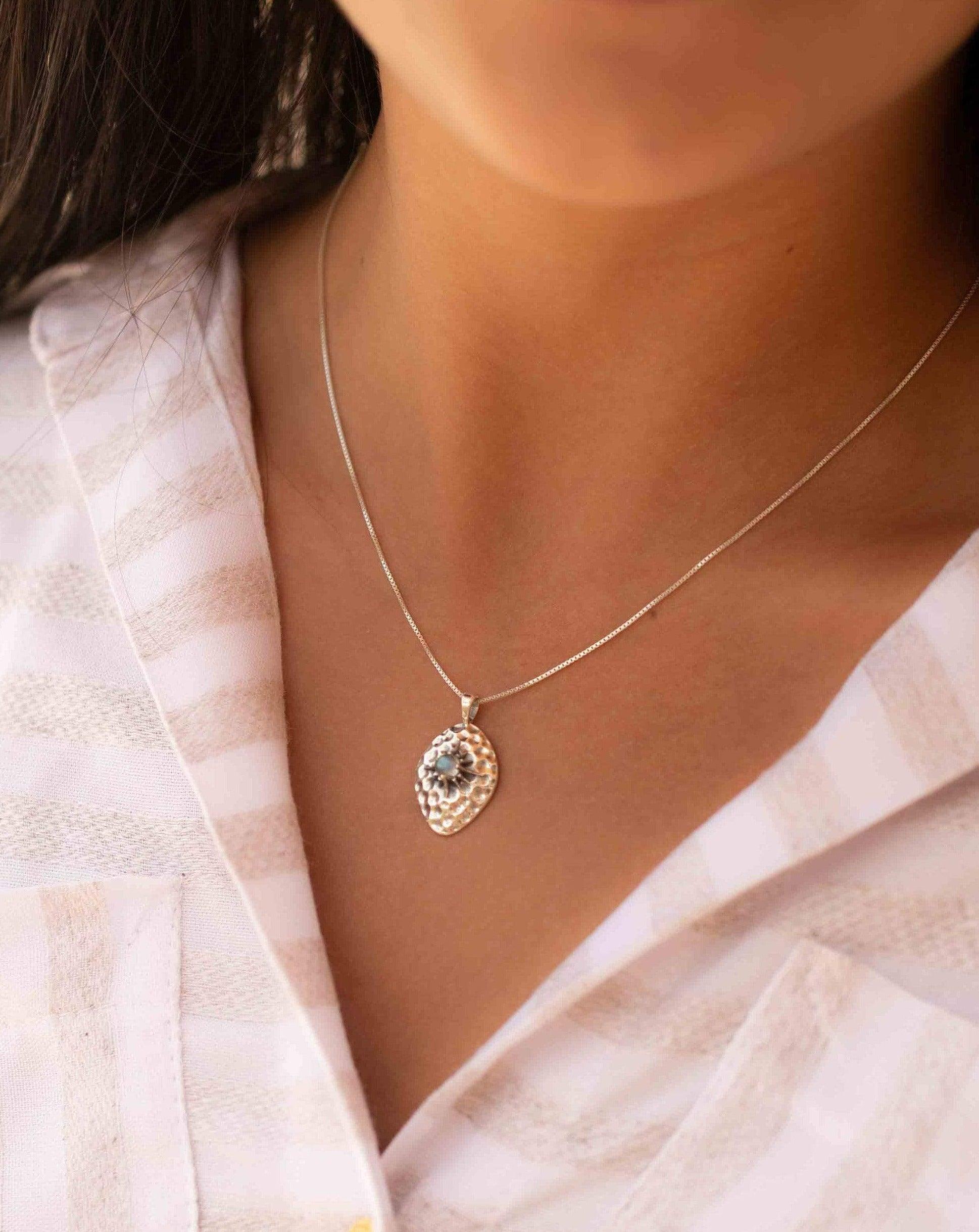 Labradorite or Larimar Pendant ~ Hammered ~ Sterling Silver 925  ~ Delicate ~ Bohemian ~  Charm ~ MN080