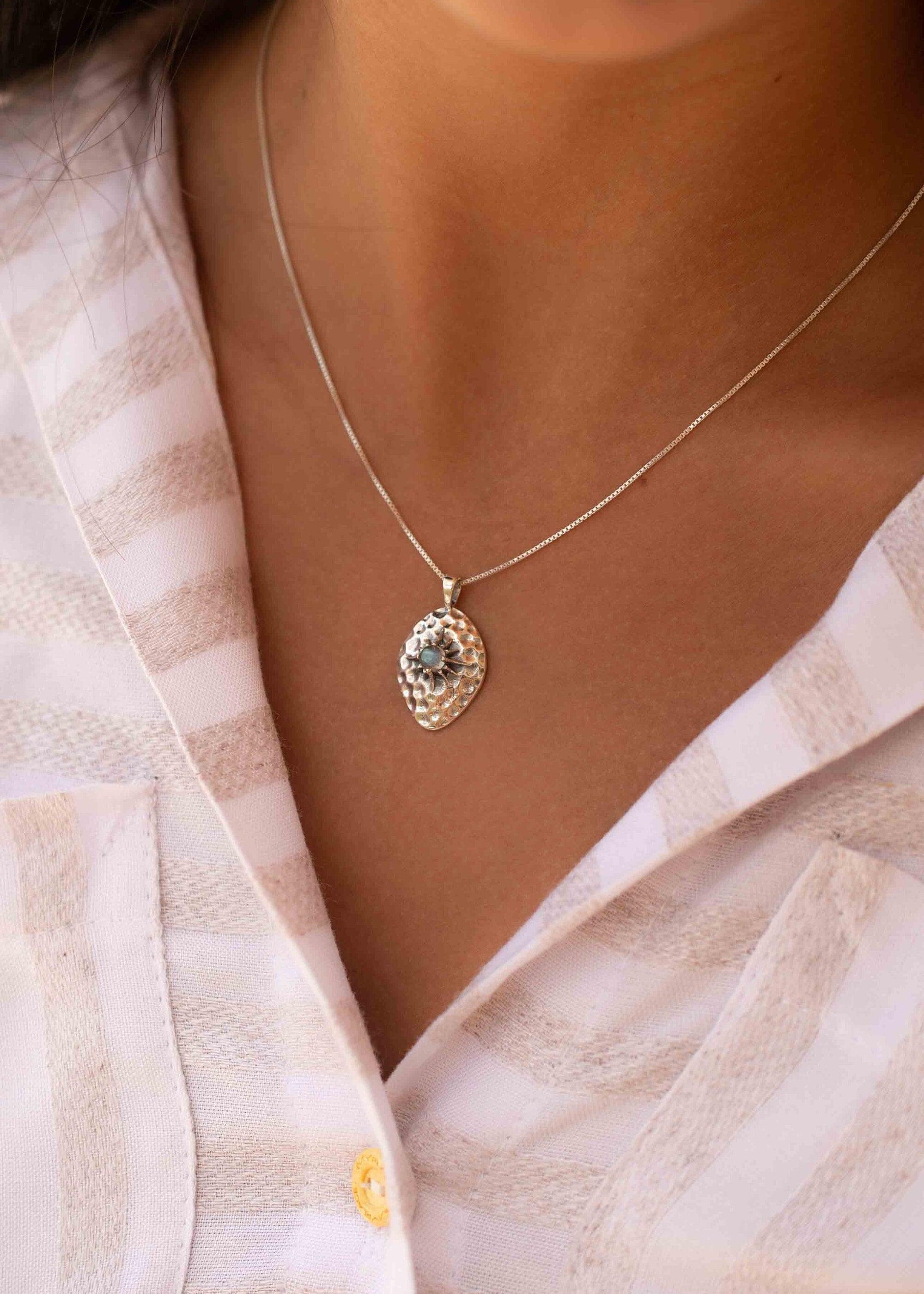 Labradorite or Larimar Pendant ~ Hammered ~ Sterling Silver 925  ~ Delicate ~ Bohemian ~  Charm ~ MN080
