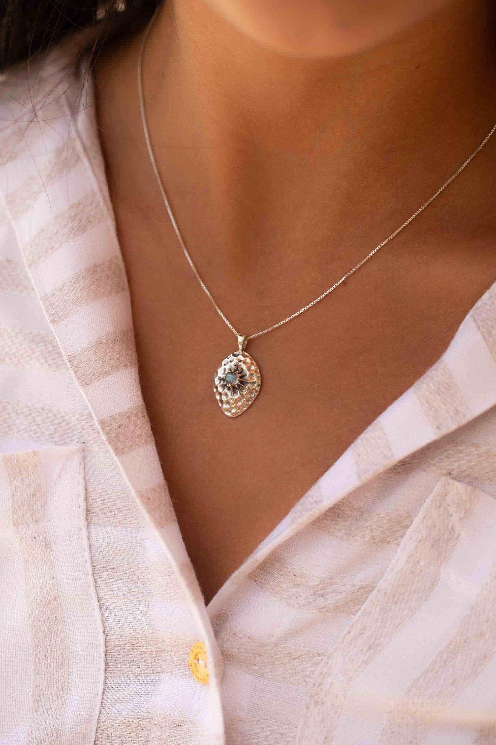 Labradorite or Larimar Pendant ~ Hammered ~ Sterling Silver 925  ~ Delicate ~ Bohemian ~  Charm ~ MN080