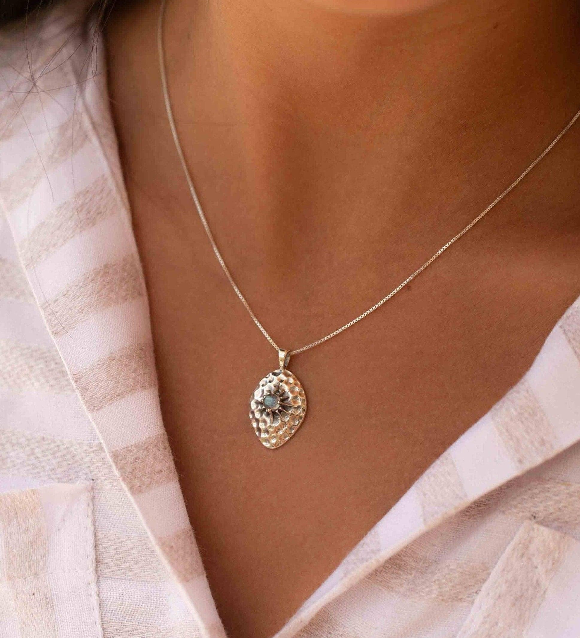 Labradorite or Larimar Pendant ~ Hammered ~ Sterling Silver 925  ~ Delicate ~ Bohemian ~  Charm ~ MN081