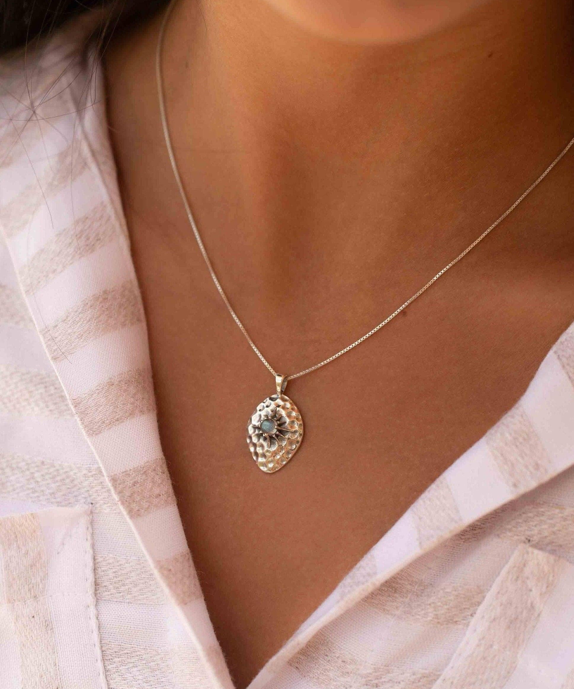 Labradorite or Larimar Pendant ~ Hammered ~ Sterling Silver 925  ~ Delicate ~ Bohemian ~  Charm ~ MN081