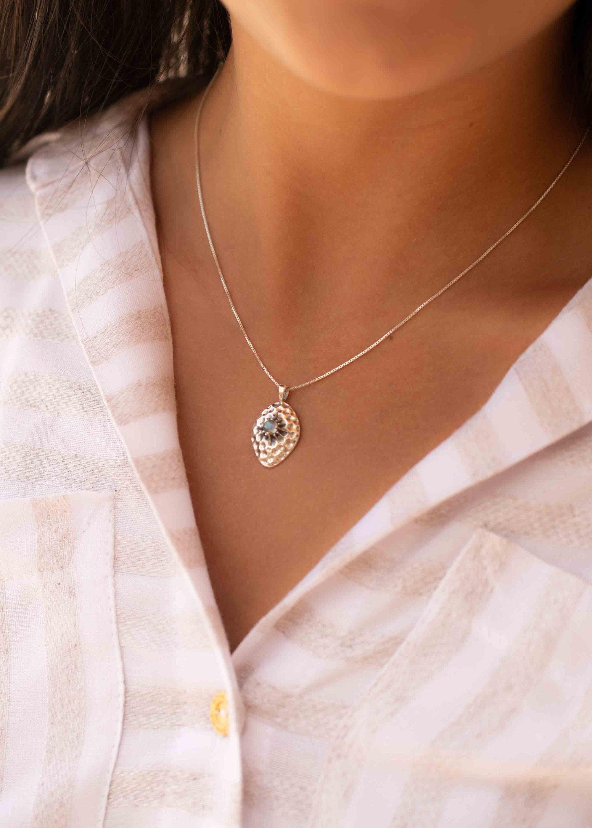 Labradorite or Larimar Pendant ~ Hammered ~ Sterling Silver 925  ~ Delicate ~ Bohemian ~  Charm ~ MN081