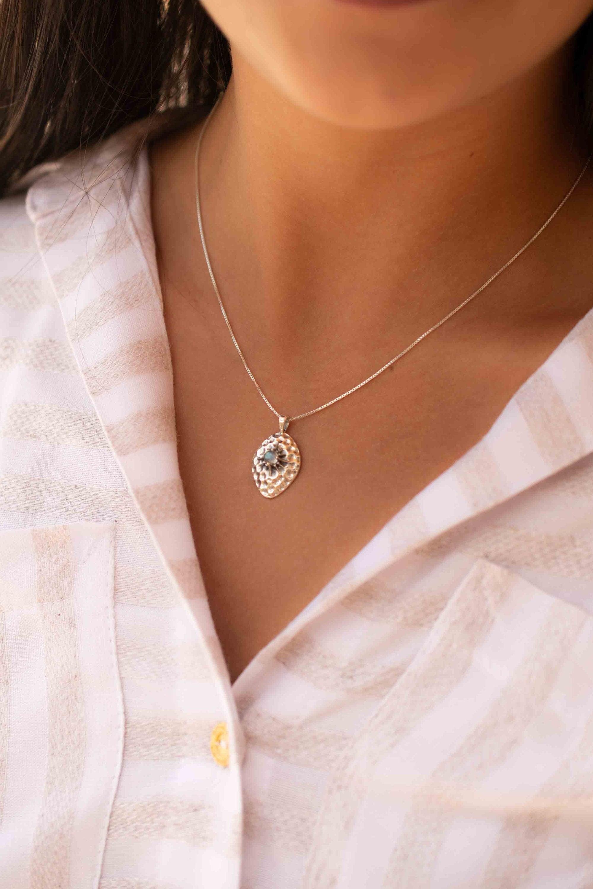Labradorite or Larimar Pendant ~ Hammered ~ Sterling Silver 925  ~ Delicate ~ Bohemian ~  Charm ~ MN081