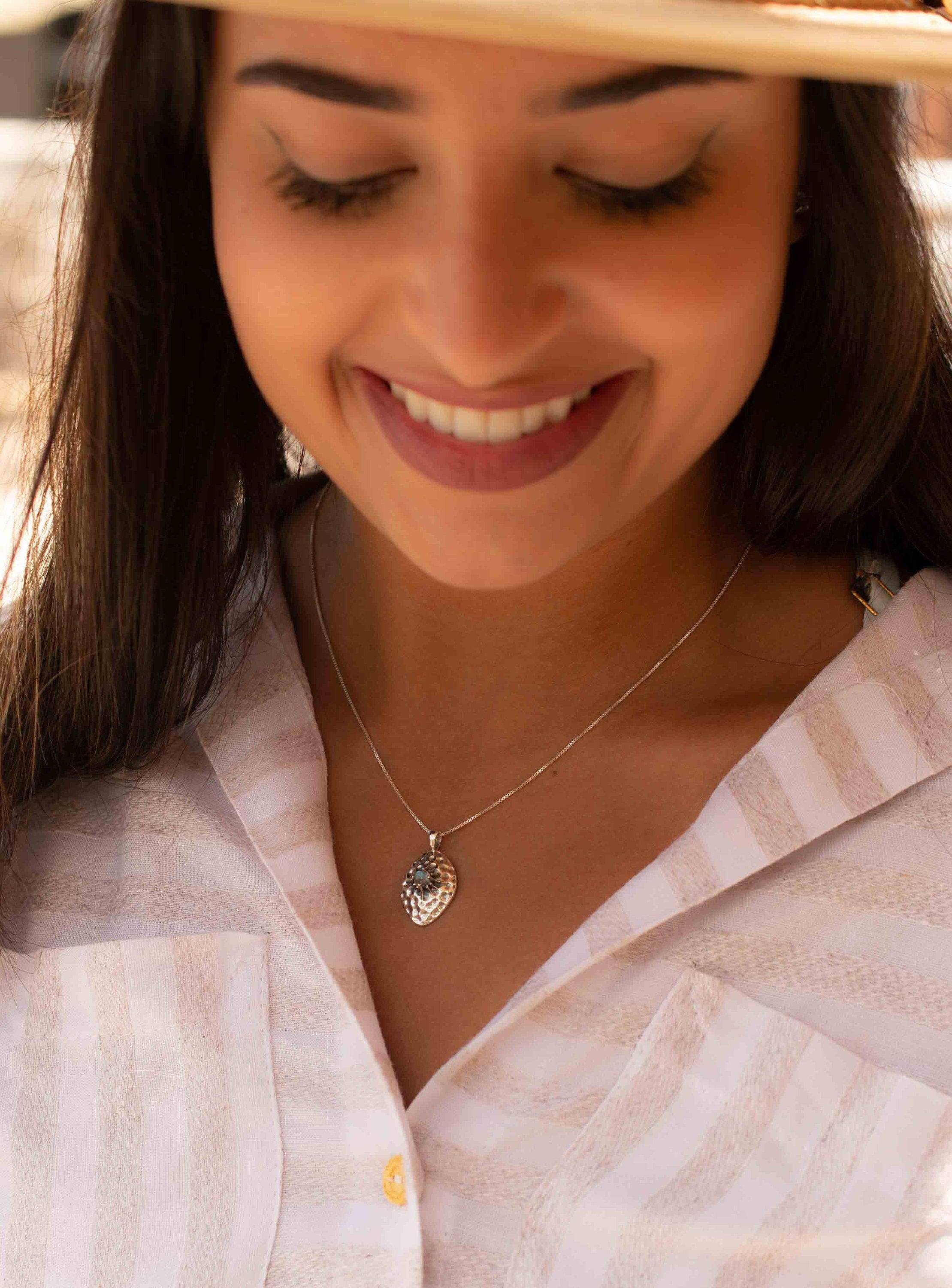 Labradorite or Larimar Pendant ~ Hammered ~ Sterling Silver 925  ~ Delicate ~ Bohemian ~  Charm ~ MN081