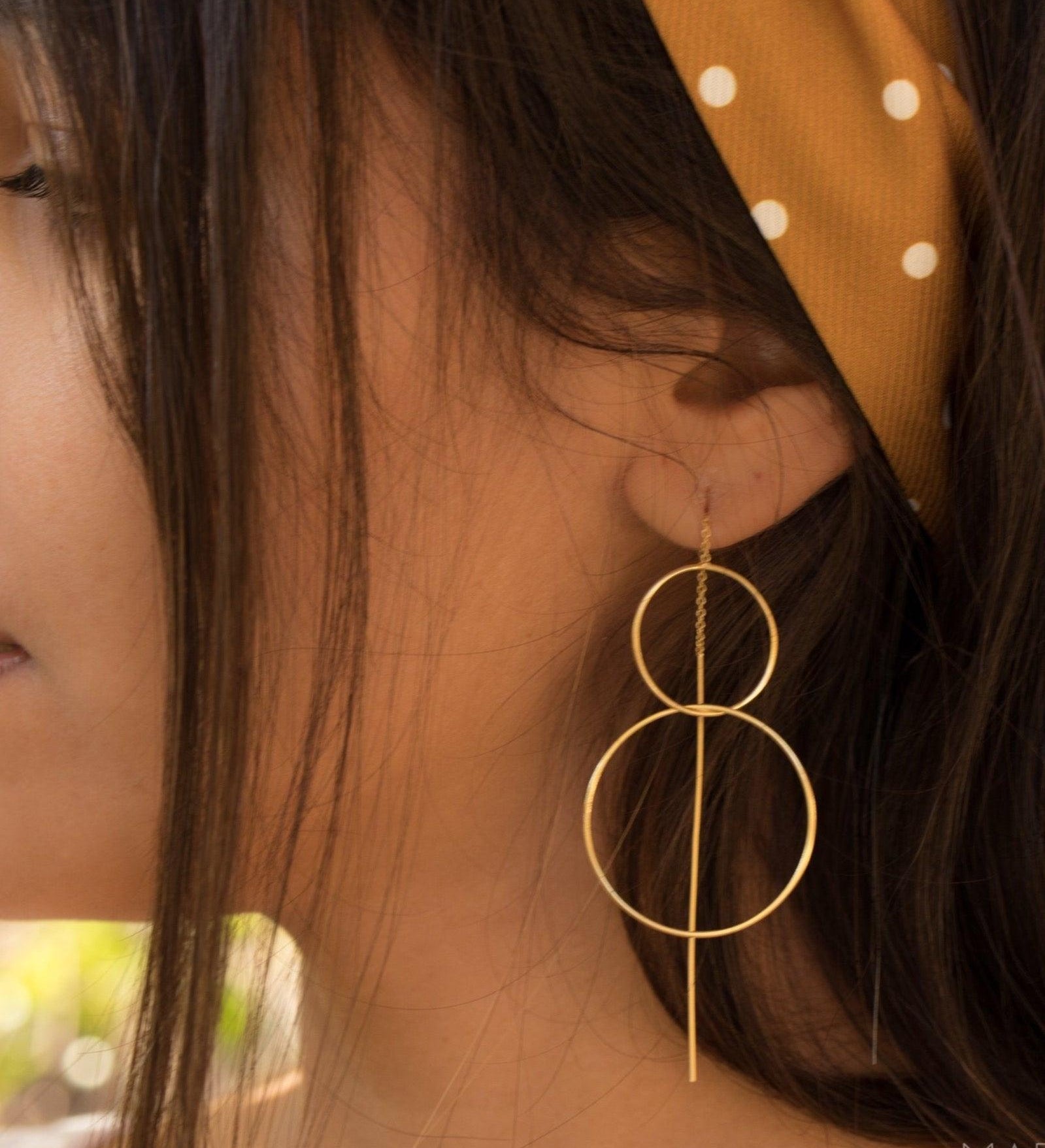 Threader Earrings ~ 18k Gold Plated or Silver Plated Earrings ~ Circle~  Geometric ~Dangle Earrings ~ Handmade ~ Jewelry ~ ME095B