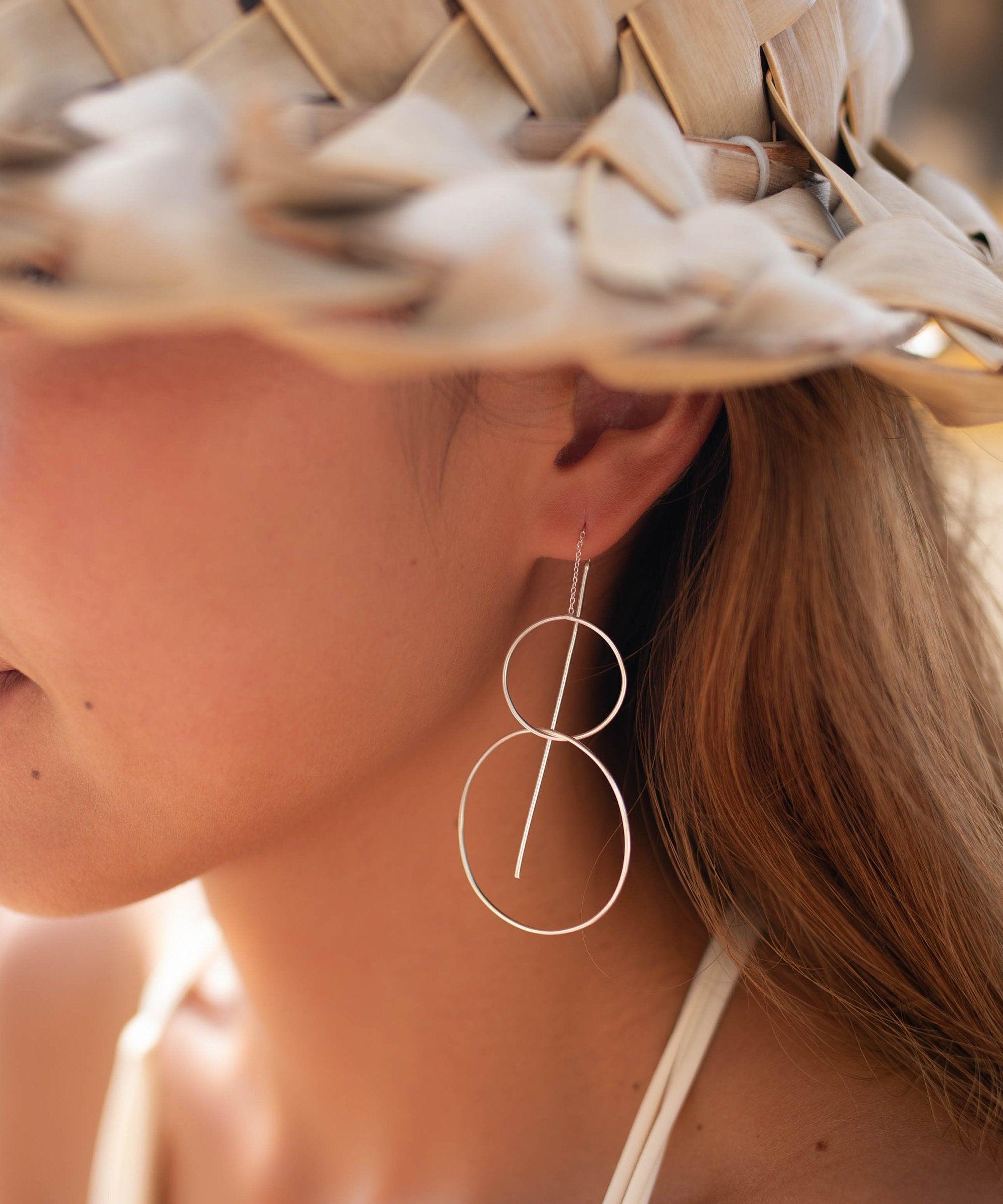 Threader Earrings ~ 18k Gold Plated or Silver Plated Earrings ~ Circle~  Geometric ~Dangle Earrings ~ Handmade ~ Jewelry ~ ME095B