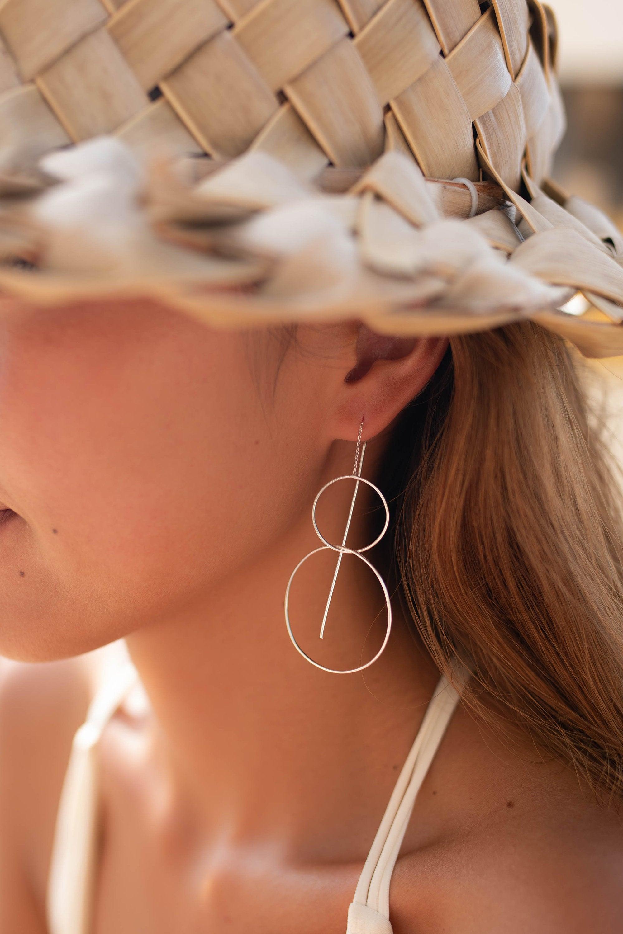 Threader Earrings ~ 18k Gold Plated or Silver Plated Earrings ~ Circle~  Geometric ~Dangle Earrings ~ Handmade ~ Jewelry ~ ME095B
