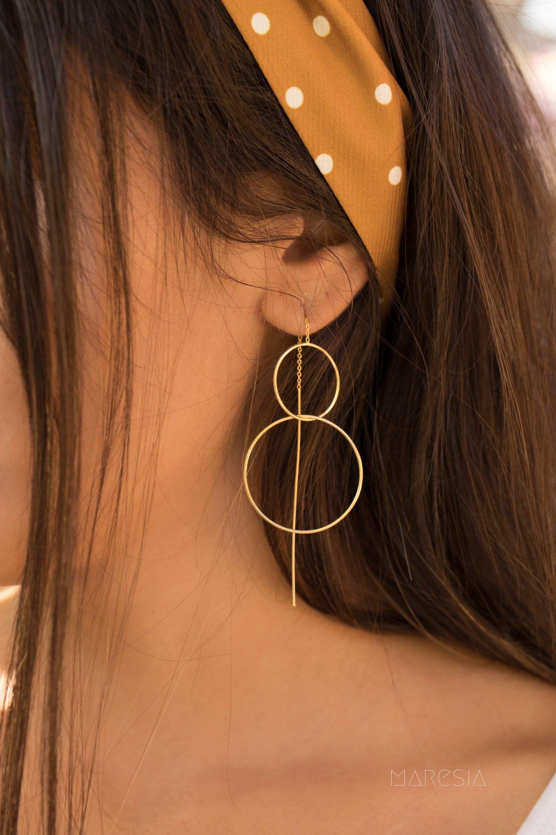 Threader Earrings ~ 18k Gold Plated or Silver Plated Earrings ~ Circle~  Geometric ~Dangle Earrings ~ Handmade ~ Jewelry ~ ME095B