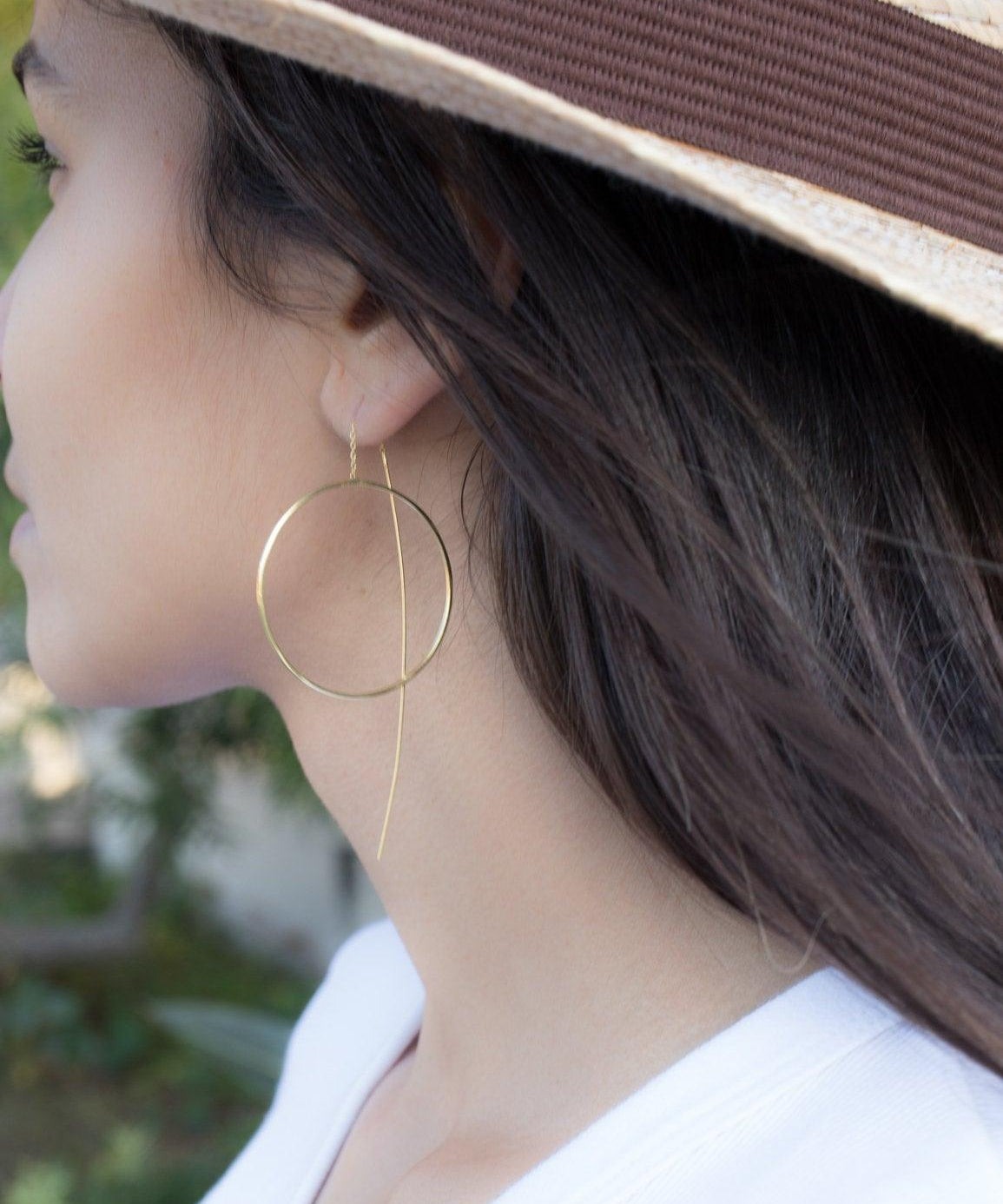Threader Earrings ~ 18k Gold Plated or Silver Plated  Earrings ~ Circle~  Geometric ~Dangle Earrings ~ Handmade ~ Jewelry ~ ME130B