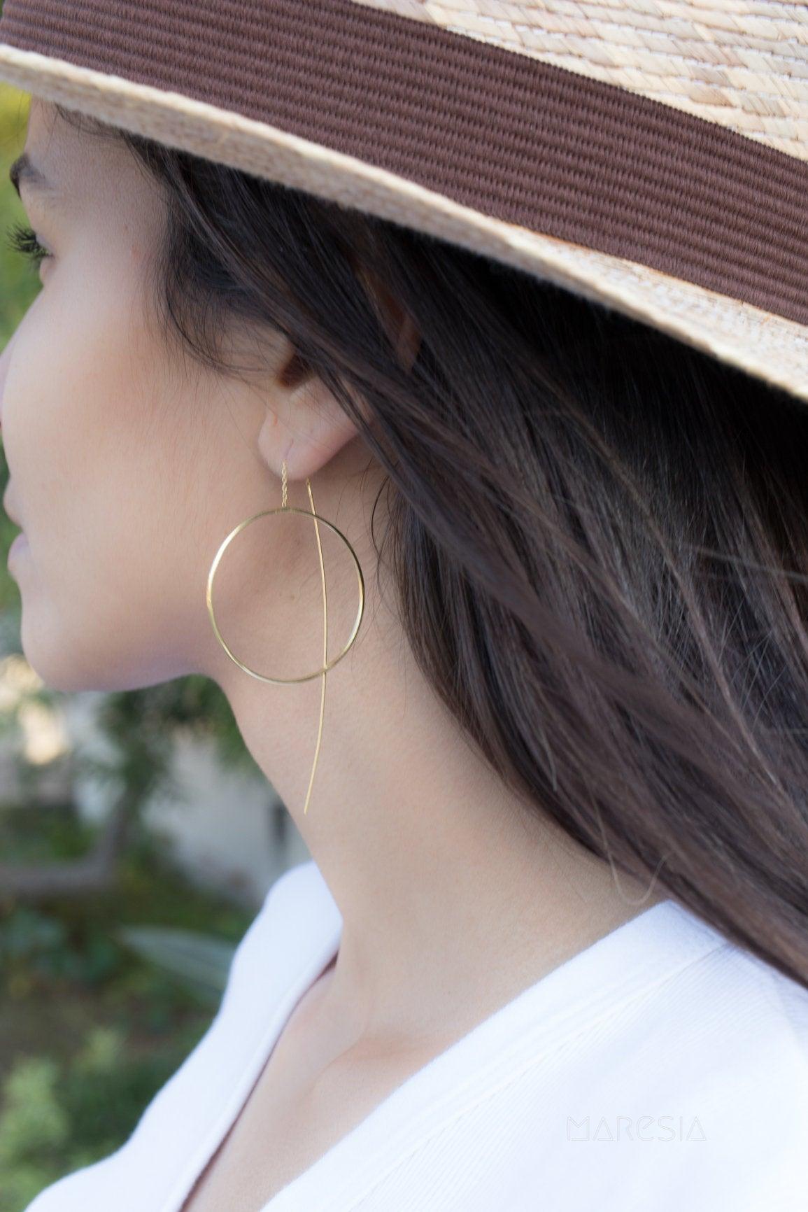 Threader Earrings ~ 18k Gold Plated or Silver Plated  Earrings ~ Circle~  Geometric ~Dangle Earrings ~ Handmade ~ Jewelry ~ ME130B