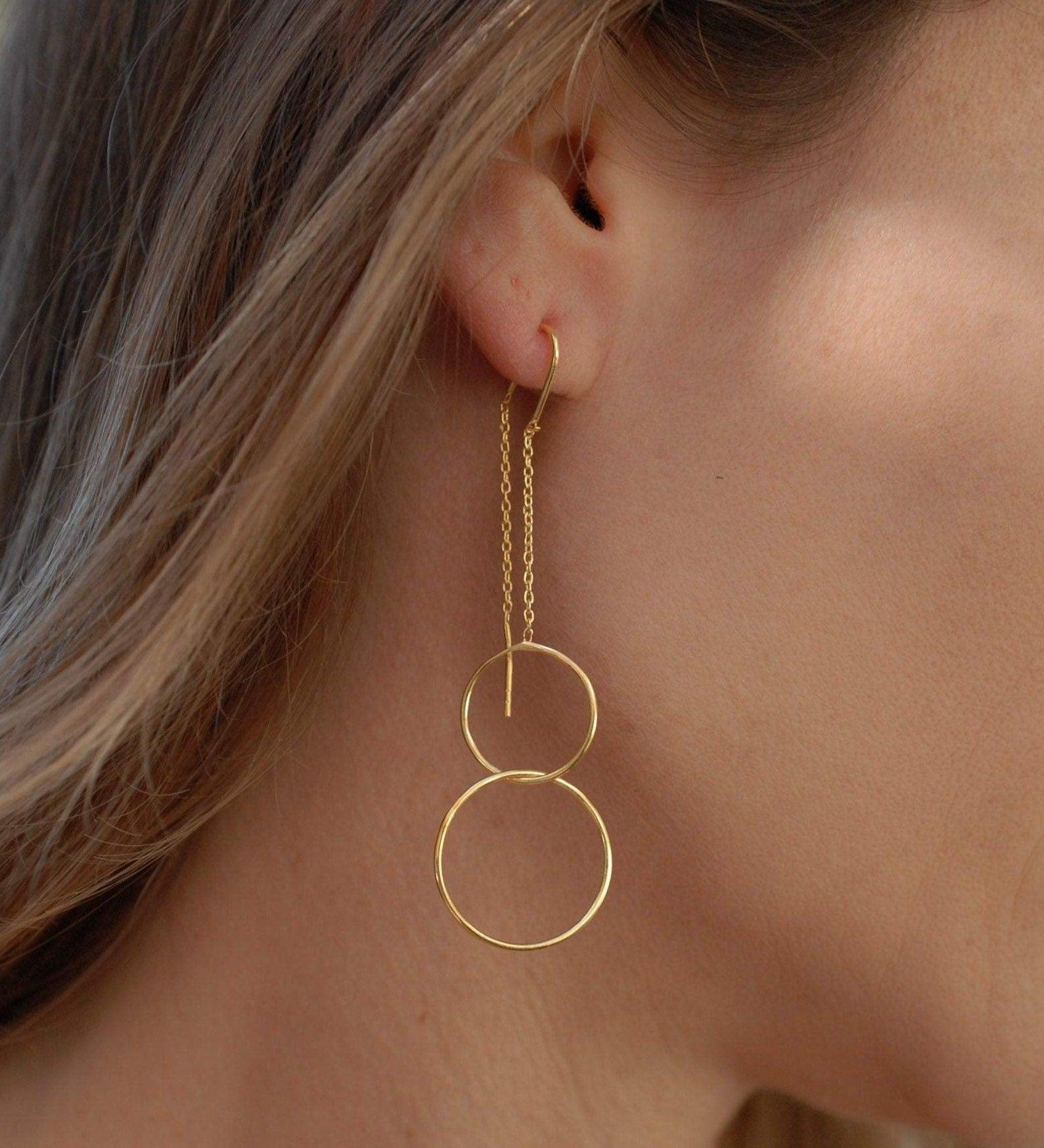 Threader Earrings ~ 18k Gold Vermeil Earrings ~ Circle~  Geometric ~Dangle Earrings ~ Handmade ~ Jewelry ~ Gift for her ~ - Maresia Jewelry