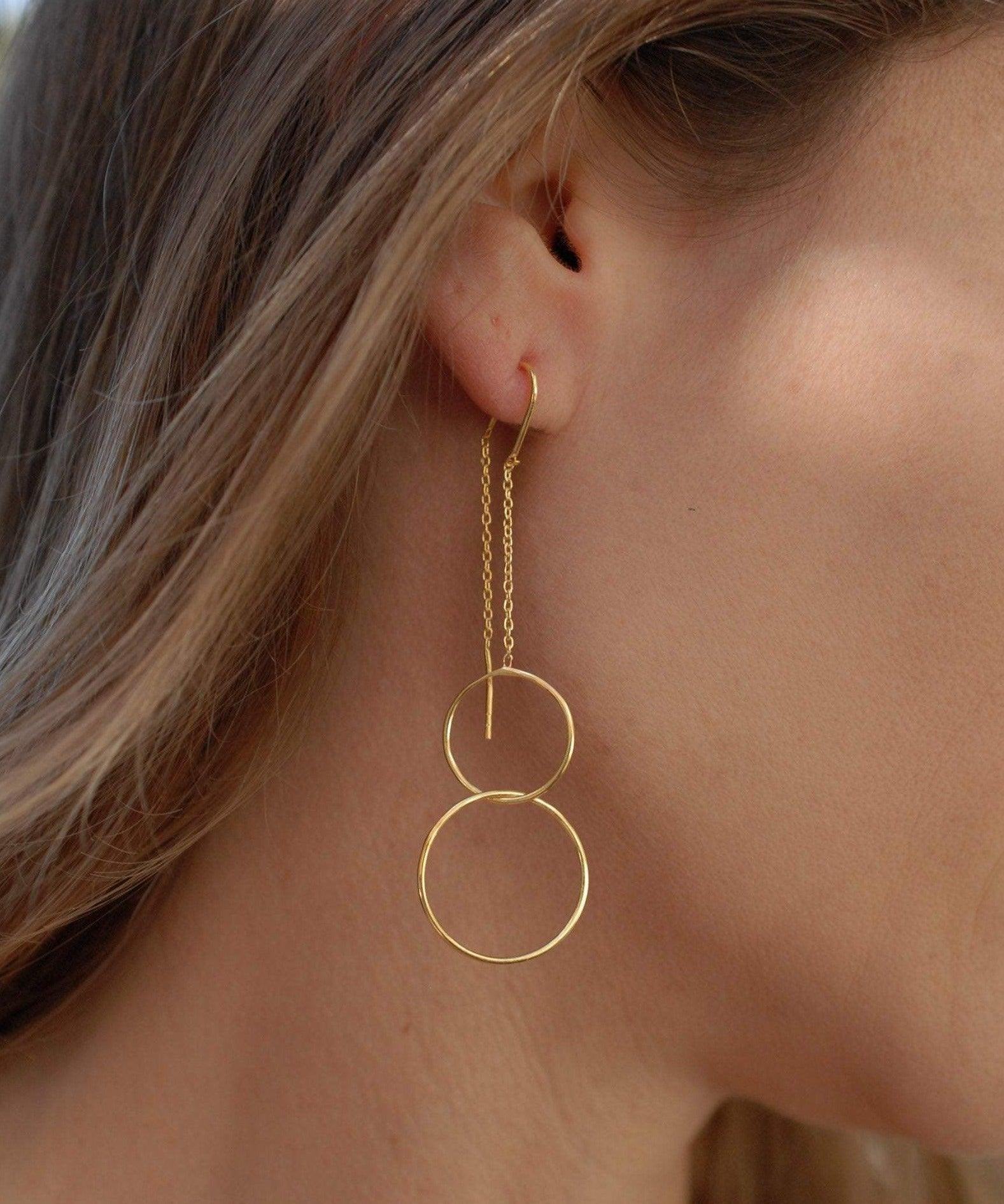 Threader Earrings ~ 18k Gold Vermeil Earrings ~ Circle~  Geometric ~Dangle Earrings ~ Handmade ~ Jewelry ~ Gift for her ~ - Maresia Jewelry