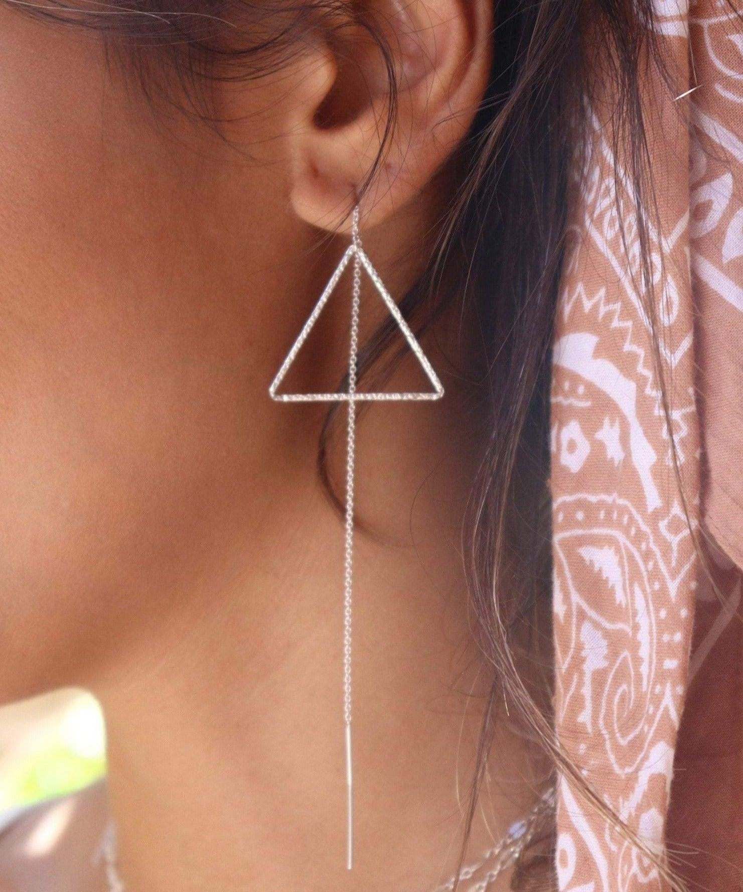Threader Triangle Earrings ~  Sterling Silver 925  ~ ME029B - Maresia Jewelry