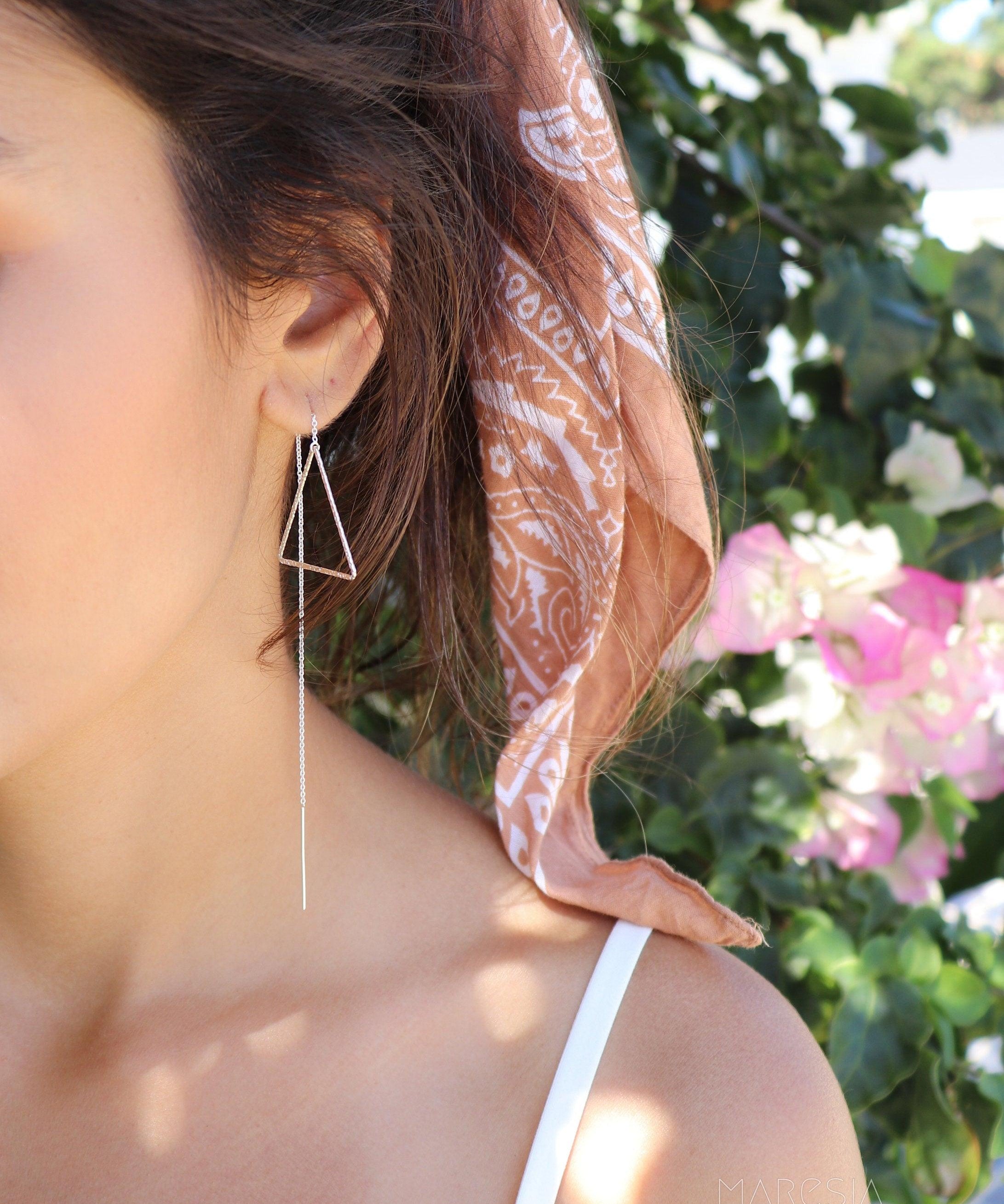 Threader Triangle Earrings ~  Sterling Silver 925  ~ ME029B - Maresia Jewelry