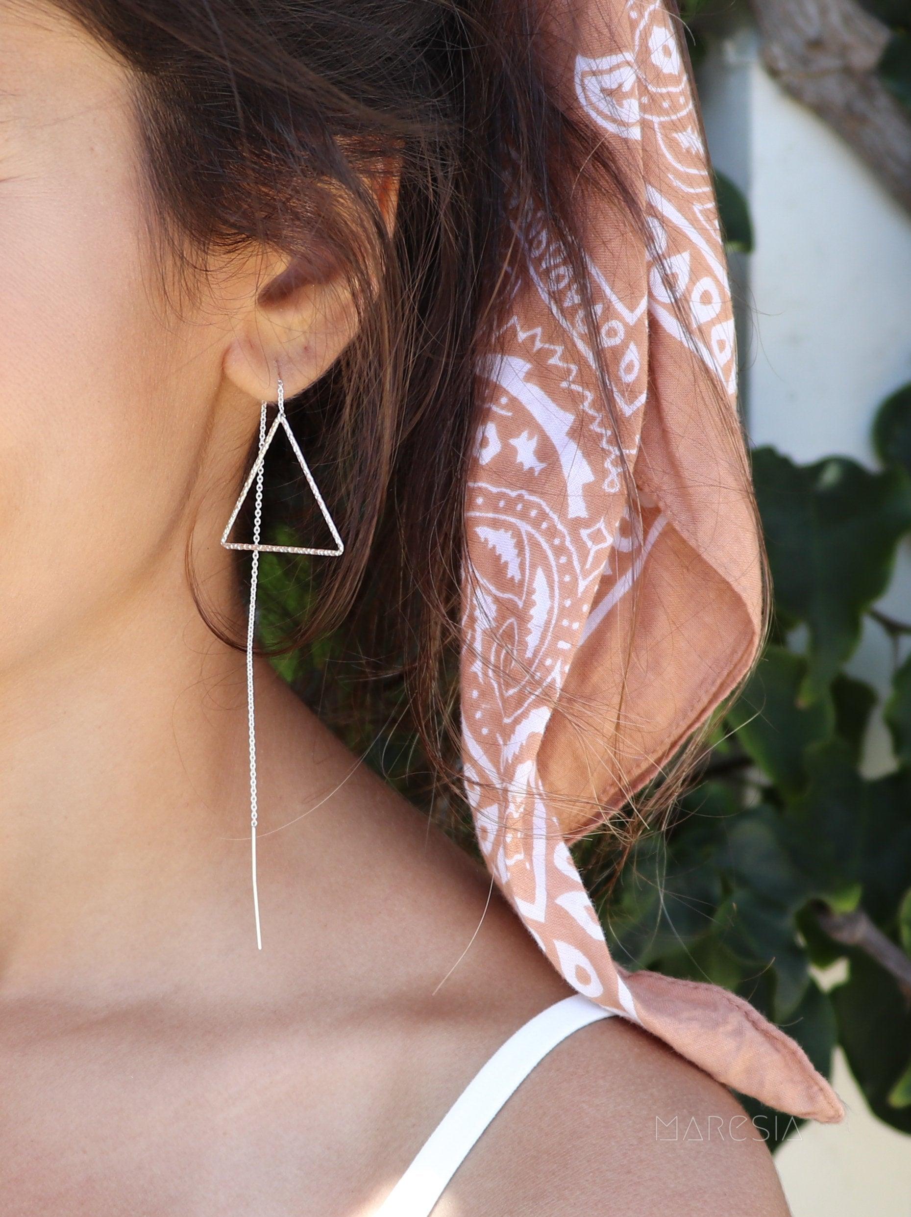 Threader Triangle Earrings ~  Sterling Silver 925  ~ ME029B - Maresia Jewelry