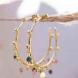 Tourmaline Hoop Earrings 18k Gold Plated Earrings ~ Gemstone ~ Post ~Boho design ~ Handmade ~ Jewelry ~ Gift for her ~ ME213
