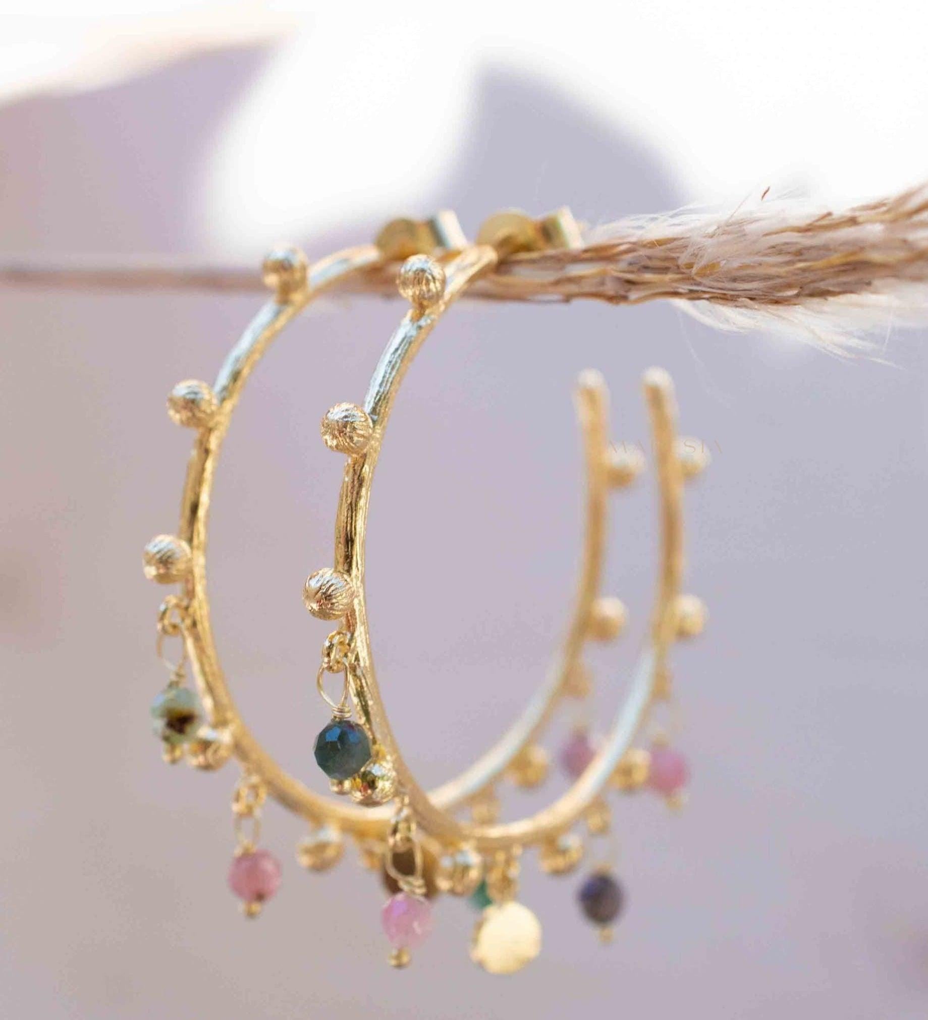 Tourmaline Hoop Earrings 18k Gold Plated Earrings ~ Gemstone ~ Post ~Boho design ~ Handmade ~ Jewelry ~ Gift for her ~ ME213