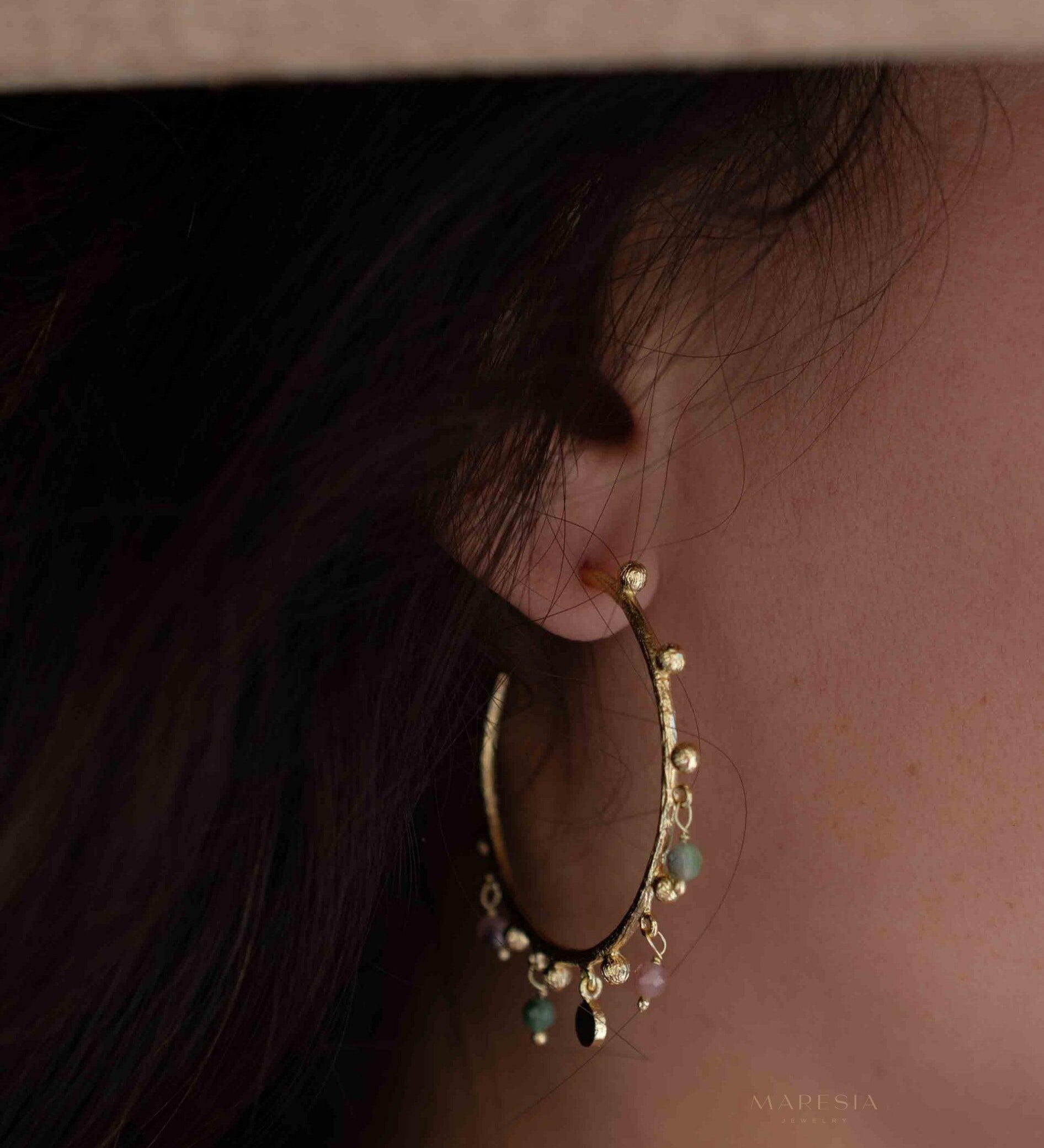 Tourmaline Hoop Earrings 18k Gold Plated Earrings ~ Gemstone ~ Post ~Boho design ~ Handmade ~ Jewelry ~ Gift for her ~ ME213