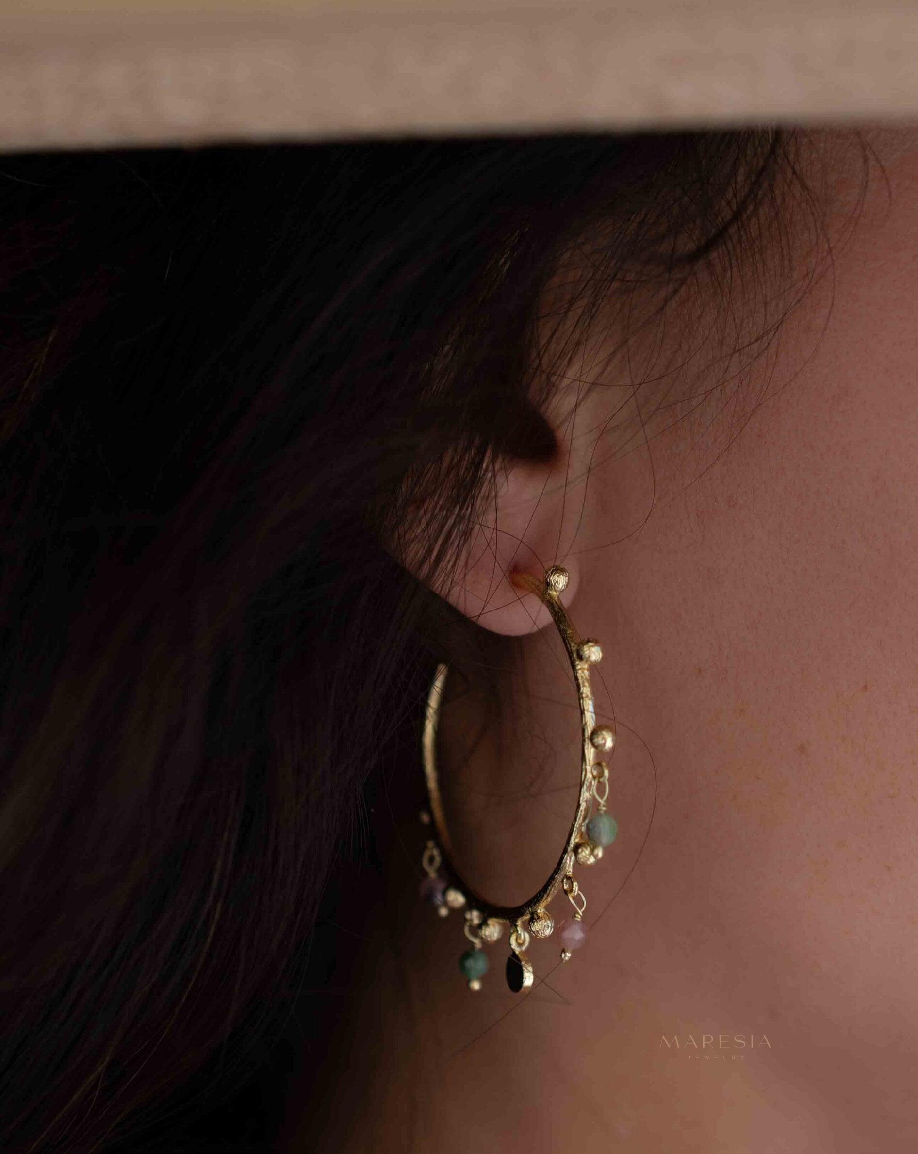 Tourmaline Hoop Earrings 18k Gold Plated Earrings ~ Gemstone ~ Post ~Boho design ~ Handmade ~ Jewelry ~ Gift for her ~ ME213