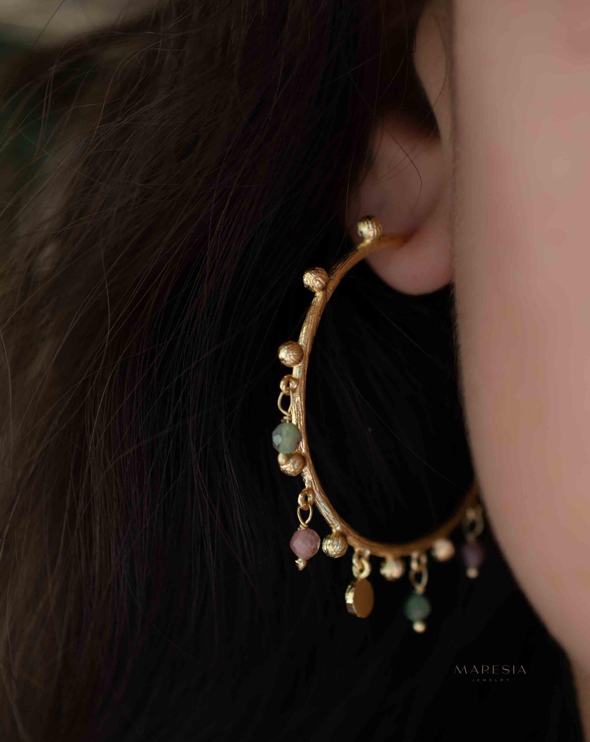 Tourmaline Hoop Earrings 18k Gold Plated Earrings ~ Gemstone ~ Post ~Boho design ~ Handmade ~ Jewelry ~ Gift for her ~ ME213